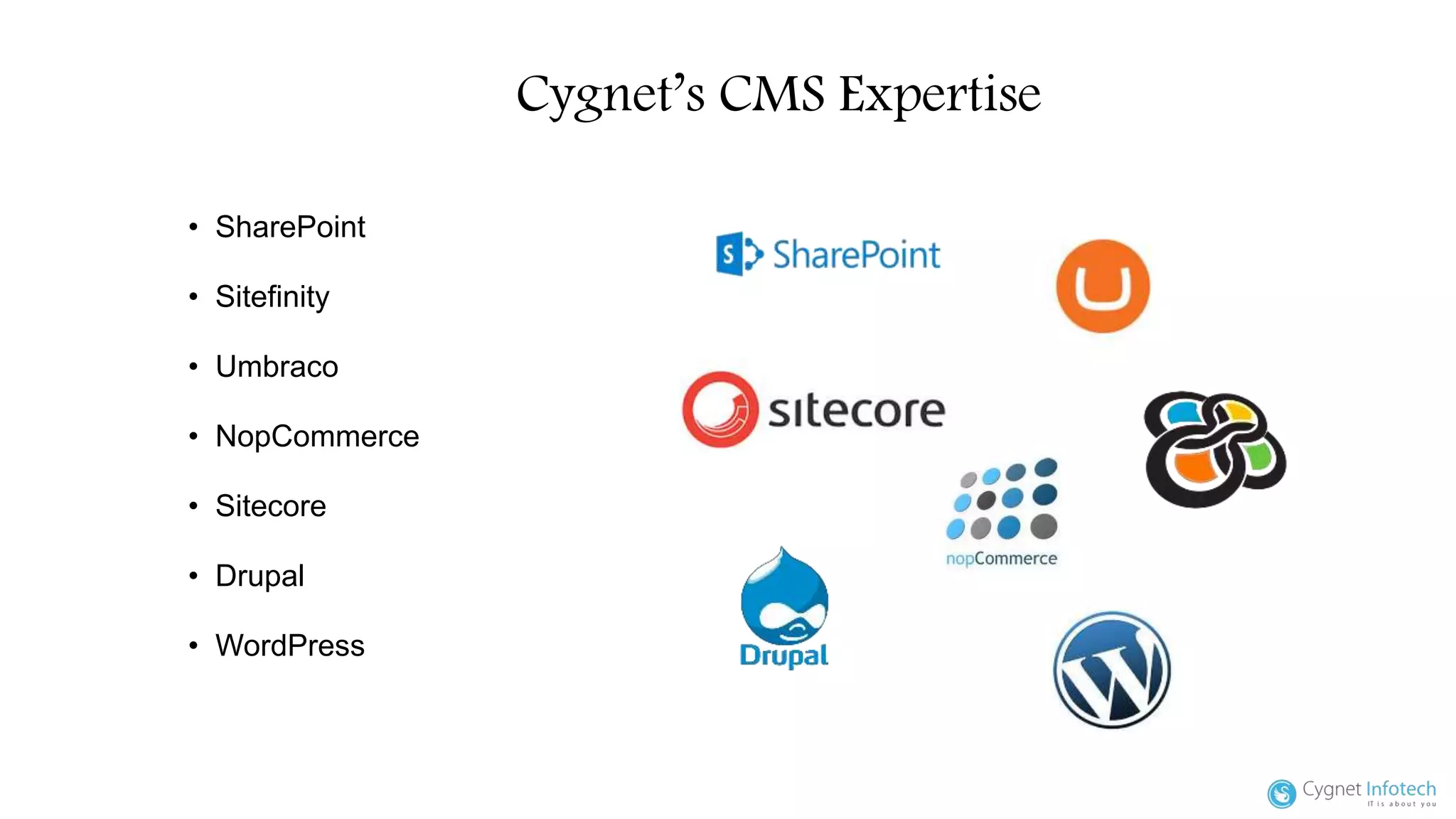 Cygnet’s CMS Expertise
• SharePoint
• Sitefinity
• Umbraco
• NopCommerce
• Sitecore
• Drupal
• WordPress
 