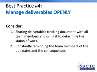Best Practice #4:
Manage deliverables OPENLY
Consider:
1. Sharing deliverables tracking document with all
team members and...