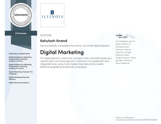 6 Courses
Marketing in a Digital World
Digital Analytics for Marketing
Professionals: Marketing
Analytics in Theory
Digital Analytics for Marketing
Professionals: Marketing
Analytics in Practice
Digital Marketing Channels: The
Landscape
Digital Marketing Channels:
Planning
Digital Marketing Capstone
Aric Rindfleisch, John M.
Jones Professor of
Marketing; Kevin
Hartman, Head of
Industry at Google;
Rhiannon Clifton,
Program Director; Vishal
Sachdev, Director of
Illinois MakerLab
10/19/2016
Ashutosh Anand
has successfully completed the online, non-credit Specialization
Digital Marketing
This Specialization covers the concepts, tools, and techniques you
need to both communicate with customers in a systematic and
integrated way using multi-media channels and to create
effective targeted promotional campaigns.
Verify this certificate at:
coursera.org/verify/specialization/6FBHFEAZGZ2B
 