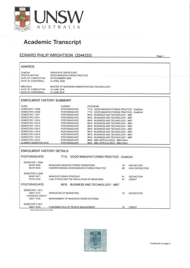 UNSW Academic Transcript | PDF