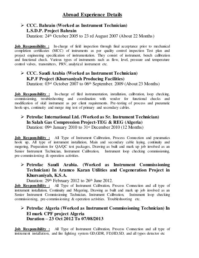 instrumentation technician resume