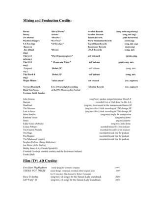 Mixing and Production Credits:
Horsey “Diet of Worms” Invisible Records (emg, assist.eng,mixeng.)
Horsey “Swarm” Invisible Records (emg, mix eng.)
The Melvins “Houdini” Atlantic Records (add. Percussion)
Psychlone Rangers “Feel Nice” World Domination Records (assist.eng)
S. F. Envelope “ SFEnvelope” ScarletShameRecords (emg, mix eng.)
Buzzoven Roadrunner Records (assist.eng)
Joe Altieri “Drown ZAZ Records (emg, mix
eng.)
The G13 “The Orgasmosphere” self released (prod,.emg,
mixeng.)
The G13 “ Drum and Waste” self release (prod,.emg, mix
eng.)
Pregnant Debut EP self release (emg, mix
eng.)
The Hard R Debut EP self release (emg, mix
eng.)
Major Minus "debut album" self released (rec. engineer)
TerrenceBlanchard, Live 24 track digital recording Colombia Records (rec. engineer)
Black Note,Neena at the1994 Monterey Jazz Festival
Freelann, David Sanchez
John Giorno (eng?mix) spoken nonperformance SlimsS.F
Banyan recorded live at Club Fais Do Do, LA,
Sharkbait (eng/mix)live record at the transmission theatre,SF
The Mermen (eng/mix) live 16trk recording at DNA lounge,SF
Last to Serve (eng/mix) live 16trk recording at DNA lounge,SF
Mars Bonfire (eng/mix) single for compilation
Random Violet (eng/mix) demo
Oates eng/mix) demo
Eddie Glass (Nebula) (eng/mix) solo demo
Lineas Albias r ecorded/mixed live for podcast
The Electric Noodle recorded/mixed live for podcast
The Hags recorded/mixed live for podcast
Pus Muppet recorded/mixed live for podcast
The Medussa Complex recorded/mixed live for podcast
Stephen Perkins (Janes Addiction)
Jon Weiss (Jello Biafra)
Bobby Bones ( sky Parade/Spindrift)
Crooked Cowboy( crooked cowboy and the freshwater Indians)
Faruka Balk
Film /TV/ AD Credits:
Fira Hair Highlighters sound design for cosmetic company 1997
THERE NOT THERE sound design, composed, recorded, edited original score 2007
for 10 min short film directed by Robert Fernandez
Dave D’Ambra (eng/mix) (2 songs) for the Tamale Lady soundtrack 2004
Jeff “Fatty” D (eng/mix) (1 song) for the Tamale Lady Soundtrack 2004
 