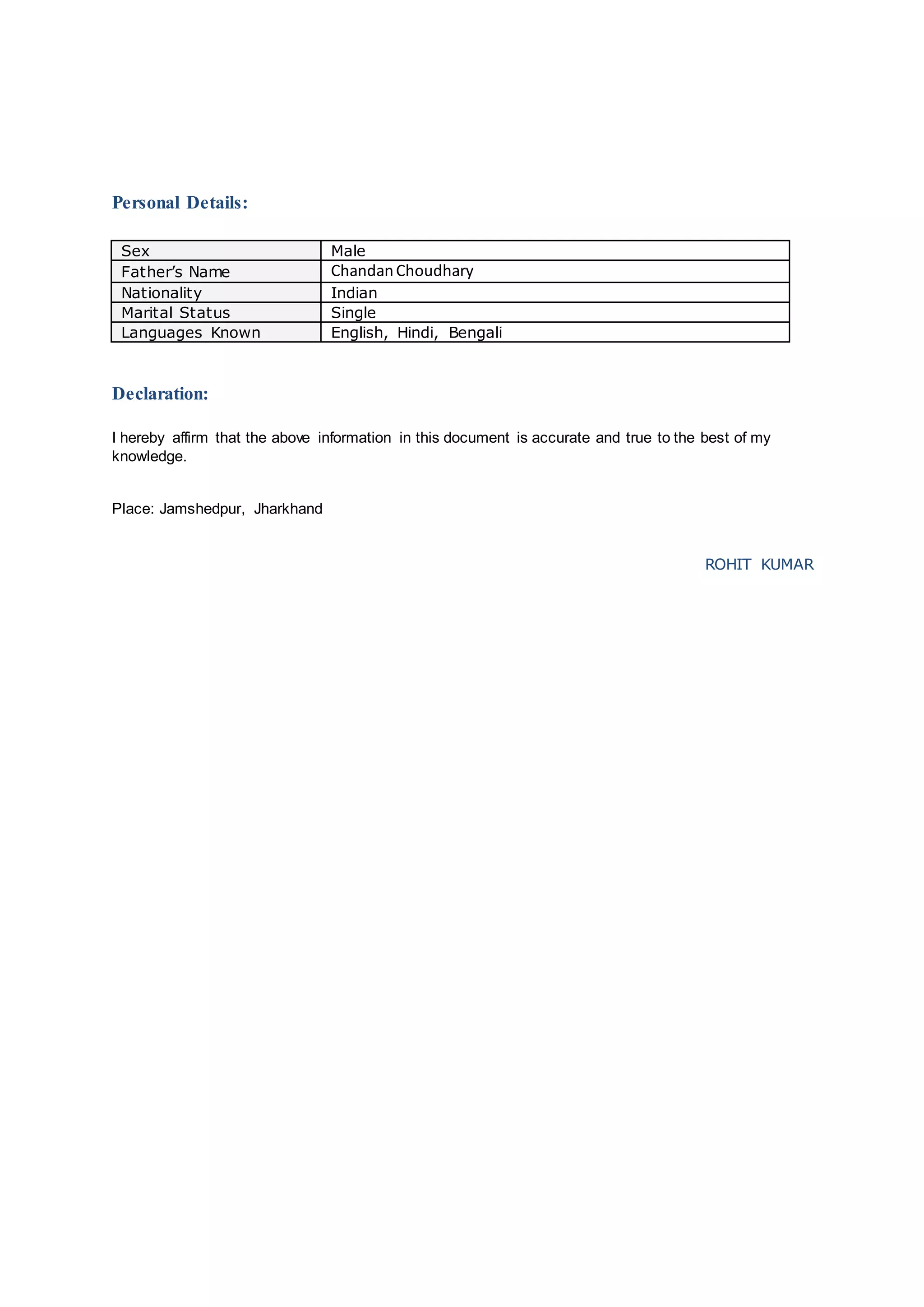 Personal Details:
Sex Male
Father’s Name ChandanChoudhary
Nationality Indian
Marital Status Single
Languages Known English, Hindi, Bengali
Declaration:
I hereby affirm that the above information in this document is accurate and true to the best of my
knowledge.
Place: Jamshedpur, Jharkhand
ROHIT KUMAR
 