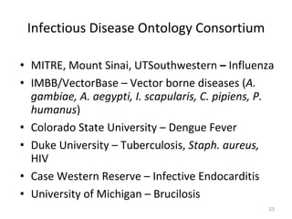 Infectious Disease Ontology Consortium MITRE, Mount Sinai, UTSouthwestern  –  Influenza IMBB/VectorBase – Vector borne diseases ( A. gambiae, A. aegypti, I. scapularis, C. pipiens, P. humanus ) Colorado State University – Dengue Fever Duke University – Tuberculosis,  Staph. aureus,  HIV Case Western Reserve – Infective Endocarditis University of Michigan – Brucilosis 