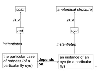 the particular case of redness (of a particular fly eye) red instantiates an instance of an eye (in a particular fly) eye instantiates depends on color anatomical structure is_a is_a 