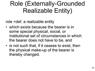 Role (Externally-Grounded Realizable Entity) role =def. a realizable entity which exists because the bearer is in some special physical, social, or institutional set of circumstances in which the bearer does not have to be, and is not such that, if it ceases to exist, then the physical make-up of the bearer is thereby changed. 