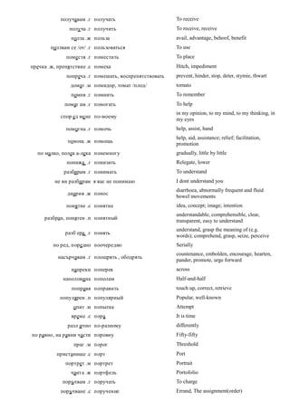 получавам .г получать                       To receive
               получа .г получить                      To receive, receive
                полза .ж польза                        avail, advantage, behoof, benefit
       ползвам се /от/ .г пользоваться                 To use
              поместя .г поместить                     To place
пречка .ж, препятствие .с помеха                       Hitch, impediment
              попреча .г помешать, воспрепятствовать   prevent, hinder, stop, deter, stymie, thwart
               домат .м помидор, томат /плод/          tomato
                помня .г помнить                       To remember
             помаг ам .г помогать                      To help
                                                       in my opinion, to my mind, to my thinking, in
           спор ед ме не по-моему
                                                       my eyes
              помогна .г помочь                        help, assist, hand
                                                       help, aid, assistance; relief; facilitation,
              помощ .ж помощь
                                                       promotion
  по малко, полек а-лека понемногу                     gradually, little by little
              понижа .г понизить                       Relegate, lower
             разбирам .г понимать                      To understand
         не ви разбирам я вас не понимаю               I dont understand you
                                                       diarrhoea, abnormally frequent and fluid
              диария .ж понос
                                                       bowel movements
              понятие .с понятие                       idea, concept; image; intention
                                                       understandable, comprehensible, clear,
     разбран, понятен .п понятный
                                                       transparent, easy to understand
                                                       understand, grasp the meaning of (e.g.
             разб ера .г понять
                                                       words); comprehend, grasp, seize, perceive
         по ред, поредно поочередно                    Serially
                                                       countenance, embolden, encourage, hearten,
          насърчавам .г поощрять , ободрять
                                                       pander, promote, urge forward
                напреки поперек                        across
            наполовина пополам                         Half-and-half
                поправя поправить                      touch up, correct, retrieve
           популярен .п популярный                     Popular, well-known
                 опит .м попытка                       Attempt
                време .с пора                          It is time
              разл ично по-разному                     differently
по равно, на равни части поровну                       Fifty-fifty
                 праг .м порог                         Threshold
          пристанище .с порт                           Port
             портрет .м портрет                        Portrait
                чанта .ж портфель                      Portofolio
            поръчвам .г поручать                       To charge
           поръчване .с поручение                      Errand, The assignment(order)
 