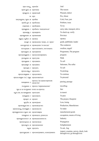 при тов а   причём                       And
          прич ина .ж причина                       The reason
           приятен .п приятный                      Pleasant, dulcet
                   за про                           Pro, About
   запушалка, тапа .ж пробка                        Cork, Fuse, jam
          пробл ем .м проблема                      Problem, issue
           опитвам .г пробовать                     To try
          прекарам .г пробыть /находиться/          carry, take, transport, drive
           проверя .г проверить                     To check up, verify
        провинция .ж провинция                      Province
       жица, к абел .м провод                       провод
             водач .м проводник /напр., в г орах/   guide, pathfinder, leader
         кондуктор .м проводник /в поезде/          The conductor
         поглъщам .г проглатывать, поглощать        swallow, engulf
         програма .ж программа                      Programme, The program
      програмирам .г прогр аммировать               program
          разходка .ж прогулка                      Walk
          продавам .г продавать                     To sell
          продавач .м продавец                      Salesman, The seller
            продам .г продать                       To sell
          продължа .г продлить                      To prolong
      продължавам .г продолжать                     To continue
 продължава /се/, трае продолжаться                 To proceed
                      проезд /на транспортном
          минаване .с средстве/                     passing, passage

          пътуване .с проезд /перемещение/          travelling
    так са за пътуване плата за проезд              fare
 пъть ом, на минаване проездом                      in transit
           минавам .г проезжать                     To pass
            проект .м проект                        The project, blueprint
            загуба .ж проигрыш                      Loss, losing
      производство .с производство                  Production, Manufacture
произнеса , изговоря .г произнести                  To make
промишлени стоки .мн промтовары                     manufactured goods
          поминък .м промысел, ремесло              occupation, means of living
    промишленост .ж промышленность                  Industry
       пропаганда .ж пропаганда                     Propagation
          просвета .ж просвещение                   Enlightenment
                моля просить                        To ask , beg
                                                    inspect, examine, survey, check, look
        преглеждам .г просматривать, осматривать
                                                    through/over, go through/over
 