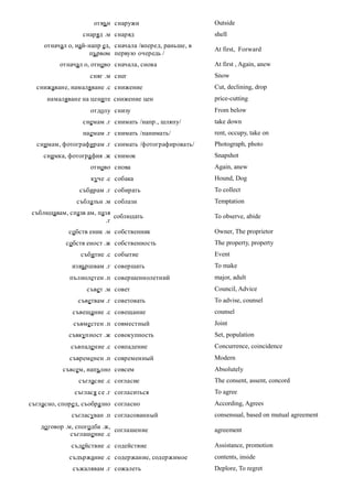 отвън снаружи                       Outside
                 снаряд .м снаряд                        shell
    отначал о, най-напр ед, сначала /вперед, раньше, в
                                                         At first, Forward
                   първом первую очередь /
          отначал о, отново сначала, снова               At first , Again, anew
                   сняг .м снег                          Snow
  снижаване, намаляване .с снижение                      Cut, declining, drop
     намаляване на цените снижение цен                   price-cutting
                    отдолу снизу                         From below
                 снемам .г снимать /напр., шляпу/        take down
                 наемам .г снимать /нанимать/            rent, occupy, take on
  снимам, фотографирам .г снимать /фотографировать/      Photograph, photo
    снимка, фотогра фия .ж снимок                        Snapshot
                    отново снова                         Again, anew
                    куче .с собака                       Hound, Dog
                събирам .г собирать                      To collect
               съблазън .м соблазн                       Temptation
съблюдавам, спазв ам, пазя
                           соблюдать                     To observe, abide
                        .г
            собств еник .м собственник                   Owner, The proprietor
            собств еност .ж собственность                The property, property
                събитие .с событие                       Event
              извършвам .г совершать                     To make
             пълнолетен .п совершеннолетний              major, adult
                  съвет .м совет                         Council, Advice
               съветвам .г советовать                    To advise, counsel
              съвещание .с совещание                     counsel
              съвместен .п совместный                    Joint
             съвкупност .ж совокупность                  Set, population
             съвпадение .с совпадение                    Concurrence, coincidence
             съвременен .п современный                   Modern
           съвсем, напълно совсем                        Absolutely
                съгласие .с согласие                     The consent, assent, concord
              съглася се .г согласиться                  To agree
съгласно, според, съобразно согласно                     According, Agrees
             съгласуван .п согласованный                 consensual, based on mutual agreement
   до говор .м, спогодба .ж,
                             соглашение                  agreement
              съглашение .с
             съдействие .с содействие                    Assistance, promotion
             съдържание .с содержание, содержимое        contents, inside
              съжалявам .г сожалеть                      Deplore, To regret
 