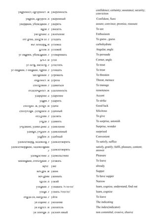 confidence; certainty; assurance; security;
     увереност, сигурност .ж уверенность
                                                  conviction
          уверен, сигурен .п уверенный            Confident, Sure
      уверявам, убеждавам .г уверять              assure; convince; promise, reassure
                      видя .г увидеть             To see
                 увл ичане .с увлечение           Enthusiasm
        отг атна, досе тя се .г угадать           To guess , guess
              въг лехидра .м углевод              carbohydrate
                     ъглов .п угловой             Angular, angle
     уг оварям, убеждавам .г уговаривать          To persuade
                      ъгъл .м угол                Corner, angle
           уг остя , нагостя .г угостить          To treat
уг ощавам, г ощавам, черпя .г угощать             To treat
                заплашвам .г угрожать             To threaten
                 опасност .м угроза               Threat, menace
                сполучвам .г удаваться            To manage
            отдалеченост .ж удаленность           remoteness
                 ударение .с ударение             Accent
                     ударя .г ударить             To strike
        сполука .ж, успе х .м удача               Good luck
      сполучлив , успе шен .п удачный             felicitous
                  отд елям .г уделять             To give
                     учудя .г удивить             To surprise, astonish
      учудване, удивл ение .с удивление           Surprise, wonder
           удивен, учуден .п удивленный           surprised
                   удобен .п удобный              Convenient
    удовлетворя, задоволя .г удовлетворить        To satisfy, suffice
удовлетворявам, задоволявам                       satisfy, gratify; fulfil, pleasure, content;
                          .г удовлетворять        answer
              удоволствие .с удовольствие         Pleasure
    заминавам, отпътувам .г уезжать               To leave
                        вече   уже                already
                   веч еря .ж ужин                Supper
                    веч ерям ужинать              To have supper
                     те сен .п узкий              Narrow
                  узнавам .г узнавать /ч то-то/   learn, cognize, understand, find out
                     узная .г узнать /что-то/     learn, cognize
         оти да си, напусна .г уйти               To leave
                 ук азание .с указание            The indicating
                 ук азател .м указатель           The index(indicator)
                ук лончив .п уклонч ивый          non committal, evasive, elusive
 