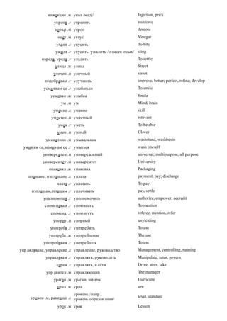 инжекция .ж укол /мед./                      Injection, prick
                 укрепя .г укрепить                        reinforce
                  копър .м укроп                           dereotu
                   оцет .м уксус                           Vinegar
                  уха пя .г укусить                        To bite
                  ужиля .г укусить, ужалить /о насек омых/ sting
           наредя, уредя .г уладить                        To settle
                  улица .ж улица                           Street
                 уличен .п уличный                         street
            подобрявам .г улучшать                         improve, better; perfect, refine; develop
            усми хвам се .г улыбаться                      To smile
               усмивка .ж улыбка                           Smile
                     ум .м ум                              Mind, brain
                 умение .с умение                          skill
                уместен .п уместный                        relevant
                   умея .г уметь                           To be able
                   умен .п умный                           Clever
             умивалник .м умывальник                       washstand, washbasin
 умив ам се, измив ам се .г умыться                        wash oneself
           универсален .п универсальный                    universal; multipurpose, all purpose
           университет .м университет                      University
               опаковка .ж упаковка                        Packaging
    плащане, изплащане .с уплата                           payment, pay; discharge
                  платя .г уплатить                        To pay
      изплащам, плащам .г уплачивать                       pay, settle
            упълномощя .г уполномочить                     authorize, empower; accredit
            споменавам .г упоминать                        To mention
               спомена .г упомянуть                        referee, mention, refer
                 упорит .п упорный                         unyielding
               употребя .г употребить                      To use
              употреба .ж употребление                     The use
            употребявам .г употреблять                     To use
упр авляване, управление .с управление, руководство        Management, controlling, running
             управлявам .г управлять, руководить           Manipulate, tutor, govern
                  карам .г управлять, в ести               Drive, steer, take
             упр авител .м управляющий                     The manager
                 ураган .м ураган, шторм                   Hurricane
                   урна .ж урна                            urn
                            уровень /напр.,
     уро вен .м, равнище .с уровень образов ания/          level, standard

                   урок .м урок                            Lesson
 