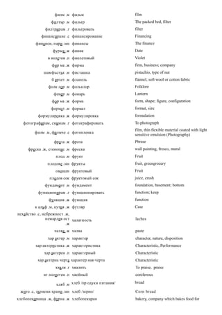 филм .м фильм                      film
                 филтър .м фильтр                     The packed bed, filter
              филтрирам .г фильтровать                filter
            финансиране .с финансирование             Financing
         фина нси, пари .мн финансы                   The finance
                  фурма .ж финик                      Date
                в иолетов .п фиолетовый               Violet
                  фир ма .ж фирма                     firm, business; company
             шамфъстък .м фисташка                    pistachio, type of nut
                  б архет .м фланель                  flannel, soft wool or cotton fabric
                фолк лор .м фольклор                  Folklore
                   фенер .м фонарь                    Lantern
                  фор ма .ж форма                     form, shape; figure, configuration
                 формат .м формат                     format, size
          формулировка .ж формулировка                formulation
   фотографирам, снимам .г фотографировать            To photograph
                                                      film, thin flexible material coated with light
         филм .м, филмче .с фотопленка
                                                      sensitive emulsion (Photography)
                   фраза .ж фраза                     Phrase
     фреска .ж, стенопис .м фреска                    wall painting, fresco, mural
                    плод .м фрукт                     Fruit
               плодове .мн фрукты                     fruit, greengrocery
                    овощен фруктовый                  Fruit
                плодов сок фруктовый сок              juice, crush
              фундамент .м фундамент                  foundation, basement; bottom
          функционирам .г функционировать             function; keep
                функция .ж функция                    function
         к алъф .м, кутия .ж футляр                   Case
нехайство .с, небрежност .ж,
                немарлив ост халатность               laches
                          .ж
                   халва .ж халва                     paste
                хар актер .м характер                 character, nature, disposition
         хар актеристика .ж характеристика            Characteristic, Performance
              хар актерен .п характерный              Characteristic
          хар актерна черта характер ная черта        Characteristic
                   хва ля .г хвалить                  To praise, praise
             иг лолистен .п хвойный                   coniferous

                    хляб .м хлеб /пр одуки питания/   bread

 жито .с, зърнени храни .мн хлеб /зерно/              Corn bread
хлебопекарница .ж, фурна .ж хлебопекарня              bakery, company which bakes food for
 