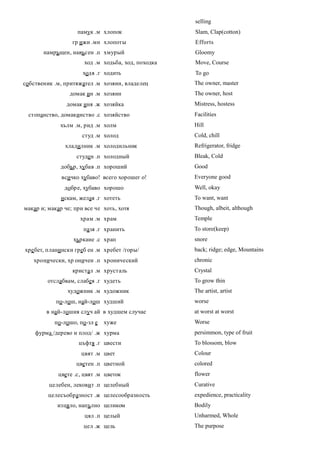 selling
                    памук .м хлопок                 Slam, Clap(cotton)
                  гр ижи .мн хлопоты                Efforts
       намръщен, навъсен .п хмурый                  Gloomy
                      ход .м ходьба, ход, походка   Move, Course
                      ходя .г ходить                To go
собственик .м, притяжател .м хозяин, владелец       The owner, master
                 домак ин .м хозяин                 The owner, host
                домак иня .ж хозяйка                Mistress, hostess
 стопанство, домакинство .с хозяйство               Facilities
             хълм .м, рид .м холм                   Hill
                      студ .м холод                 Cold, chill
               хладилник .м холодильник             Refrigerator, fridge
                    студен .п холодный              Bleak, Cold
             добър, хубав .п хороший                Good
              всичко хубаво! всего хорошег о!       Everyone good
               добре, хубаво хорошо                 Well, okay
              искам, желая .г хотеть                To want, want
макар и; макар че; при все че хоть, хотя            Though, albeit, although
                     храм .м храм                   Temple
                      пазя .г хранить               To store(keep)
                  хъркане .с храп                   snore
хре бет, планински греб ен .м хребет /горы/         back; ridge; edge, Mountains
   хронически, хр оничен .п хронический             chronic
                  кристал .м хрусталь               Crystal
         отслабвам, слабея .г худеть                To grow thin
                художник .м художник                The artist, artist
            по-лош, най-лош худший                  worse
        в най-лошия случ ай в худшем случае         at worst at worst
           по-лошо, по-зл е   хуже                  Worse
    фурма /дерево и плод/ .ж хурма                  persimmon, type of fruit
                    цъфтя .г цвести                 To blossom, blow
                     цвят .м цвет                   Colour
                   цветен .п цветной                colored
             цвете .с, цвят .м цветок               flower
         целебен, лекови т .п целебный              Curative
         целесъобразност .ж целесообразность        expedience, practicality
            изцяло, напълно целиком                 Bodily
                       цял .п целый                 Unharmed, Whole
                      цел .ж цель                   The purpose
 