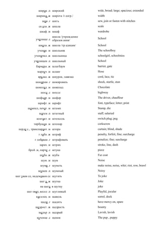 широк .п широкий             wide, broad; large; spacious; extended
              ширина .ж широта /г еогр./     width
                  шия .г шить                sew, join or fasten with stitches
                ск ала .ж шкала              scale
                 шкаф .м шкаф                wardrobe
                         школа /учреждение
              училище .с образов ания/       School

                школа .ж школа /тр адиция/   School
               ученик .м школьник            The schoolboy
             ученичка .ж школьница           schoolgirl, schoolmiss
            училищен .п школьный             School
              бариера .ж шлагбаум            barrier, gate
               маркуч .м шланг               Hose
               връзка .ж шнурок, завязка     cord, lace, tie
              шокирам .г шокировать          shock, startle, stun
              шоколад .м шоколад             Chocolate
                 шосе .с шоссе               highway
              шофьор .м шофер                The driver, chauffeur
               шрифт .м шрифт                font, typeface; letter; print
        щемпел, печат .м штамп               Stamp, die
                щатен .п штатный             staff; salaried
              контакт .м штепсель            switch plug; peg
            тирбушон .м штопор               corkscrew
  перде с., транспарант .м штора             curtain; blind, shade
                г лоба .ж штраф              penalty, forfeit, fine; surcharge
             г лобявам .г штрафовать         penalize; fine; surcharge
                 щрих .м штрих               stroke, line, dash
         брой .м, парче .с штука             piece
                 шуба .ж шуба                Fur coat
                  шум .м шум                 Noise
                 шумя .г шуметь              make noise, noise, whir; riot, row, brawl
                шумен .п шумный              Noisy
шег увам се, надсмивам се шутить             To joke
                 шег а .ж шутка              Joke
                 на шега в шутку             joke
       шег овит, весел .п шутливый           Playful, jocular
              киселец .м щавель              sorrel, dock
                 щадя .г щадить              have mercy on, spare
              щедрост .ж щедрость            bounty
                щедър .п щедрый              Lavish, lavish
               кученце .с щенок              The pup , puppy
 
