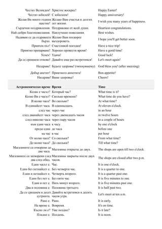 Честит Великден! Христос воскрес!                Happy Easter!
            Честит юбилей! С юбилеем!                      Happy anniversary!
     Желая Ви много години Желаю Вам счастья и долгих
                                                           I wish you many years of happiness.
                   щастие! лет жизни.
    Сърдечни поздравления. Поздравляю от всей души.        Heartiest congratulations.
 Най-добри благопожелания. Наилучшие пожелания.            Best wishes.
   Надявам се да оздравеете Желаю Вам поскорее
                                                           I hope you'll get better soon.
                     бързо. выздороветь.
              Приятен път! Счастливой поездки!             Have a nice trip!
       Приятно прекарване! Хорошо провести время!          Have a good time!
                    Успех! Удачи!                          Good luck!
     Да се срещнем отново! Давайте еще раз встретимся!     Let's meet again!

                 Наздраве! Будьте здоровы! (чихнувшему) God bless you! (after sneezing)

             Добър апетит! Приятного аппетита!             Bon appetite!
                 Наздраве! Ваше здоровье!                  Cheers!

    Астрономическо време Время                             Time
             Колко е часът? Который час?                   What time is it?
          Колко Ви е часът? Сколько времени?               What time do you have?
               В колко часа? Во сколько?                   At what time?
          В единайсет часа. В одиннадцать.                 At eleven o'clock.
                    след час через час                     in an hour
        след дванайсет часа через двенадцать часов         in twelve hours
          след няколко часа через пару часов               in a couple of hours
              към един часа к часу                         by one o'clock
                 преди един до часа                        before one
                       на час в час                        per hour
             От колко часа? Со скольки?                    From what time?
             До колко часа? До скольки?                    Till what time?
  Магазините са отворени до
                              Магазины открыты до двух.    The shops are open till two o'clock.
                    два часа.
Магазините са затворени след Магазины закрыты после двух
                                                           The shops are closed after two p.m.
              два след обяд. часов.
               Един часът е. Час.                          It is one o'clock.
      Един без петнайсет е. Без четверти час.              It is a quarter to one.
        Един и петнайсет е. Четверть второго.              It is a quarter past one.
             Един без пет е. Без пяти час.                 It is five minutes to one.
               Един и пет е. Пять минут второго.           It is five minutes past one.
          Два и половина е. Половина третьего.             It is half past two.
      Да се срещнем в десет Давайте встретимся в десять
                                                           Let's meet at ten a.m.
                   сутринта. часов утра.
                      Рано е. Рано.                        It is early.
                 На време е. Вовремя.                      It's on time.
                Късно ли е? Уже поздно?                    Is it late?
                   Пладне е. Полдень.                      It is noon.
 
