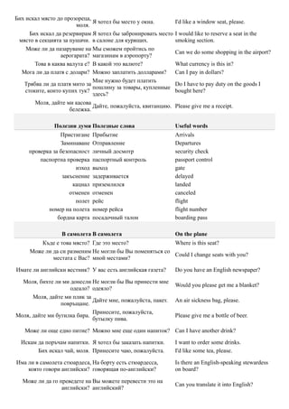 Бих искал място до прозореца,
                               Я хотел бы место у окна.        I'd like a window seat, please.
                        моля.
      Бих искал да резервирам Я хотел бы забронировать место   I would like to reserve a seat in the
 място в секцията за пушачи. в салоне для курящих.             smoking section.
    Може ли да пазаруваме на Мы сможем пройтись по
                                                               Can we do some shopping in the airport?
                  аерогарата? магазинам в аэропорту?
        Това в каква валута е? В какой это валюте?             What currency is this in?
  Мога ли да платя с долари? Можно заплатить долларами?        Can I pay in dollars?
                               Мне нужно будет платить
   Трябва ли да платя мито за                                  Do I have to pay duty on the goods I
                               пошлину за товары, купленные
    стоките, които купих тук?                                  bought here?
                               здесь?
        Моля, дайте ми касова
                               Дайте, пожалуйста, квитанцию.   Please give me a receipt.
                      бележка.

              Полезни думи Полезные слова                      Useful words
                 Пристигане    Прибытие                        Arrivals
                 Заминаване    Отправление                     Departures
     проверка за безопасност   личный досмотр                  security check
         паспортна проверка    паспортный контроль             passport control
                       изход   выход                           gate
                  закъснение   задерживается                   delayed
                      кацнал   приземлился                     landed
                     отменен   отменен                         canceled
                       полет   рейс                            flight
            номер на полета    номер рейса                     flight number
                бордна карта   посадочный талон                boarding pass

                 В самолета В самолета                         On the plane
        Къде е това място? Где это место?                Where is this seat?
     Може ли да си разменим Не могли бы Вы поменяться со
                                                         Could I change seats with you?
             местата с Вас? мной местами?

Имате ли английски вестник? У вас есть английская газета?      Do you have an English newspaper?

  Моля, бихте ли ми донесли Не могли бы Вы принести мне
                                                               Would you please get me a blanket?
                    одеало? одеяло?
      Моля, дайте ми плик за
                             Дайте мне, пожалуйста, пакет.     An air sickness bag, please.
                 повръщане.
                             Принесите, пожалуйста,
Моля, дайте ми бутилка бира.                                   Please give me a bottle of beer.
                             бутылку пива.

   Може ли още едно питие? Можно мне еще один напиток? Can I have another drink?

  Искам да поръчам напитки. Я хотел бы заказать напитки.       I want to order some drinks.
        Бих искал чай, моля. Принесите чаю, пожалуйста.        I'd like some tea, please.

Има ли в самолета стюардеса, На борту есть стюардесса,         Is there an English-speaking stewardess
    която говори английски? говорящая по-английски?            on board?

  Може ли да го преведете на Вы можете перевести это на
                                                               Can you translate it into English?
                 английски? английский?
 