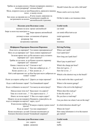 Трябва ли да върна колата с Нужно возвращать машину с
                                                         Should I return the car with a full tank?
          пълен резервоар? полным баком?
 Моля, изпратете кола до моя Пожалуйста, пришлите машину
                                                         Please send a car to my hotel.
                      хотел. к моему отелю.
                             Я хочу подать заявление на
 Бих искал да предявя иск за
                             возмещение ущерба по        I'd like to make a car insurance claim.
    застраховката на колата.
                             автомобильной страховке.

              Полезни думи Полезные слова                     Useful words
             наемане на кола прокат автомобилей               car rental
бюро за коли под наем/рент-а-
                              бюро проката автомобилей        car rental office/rent-a-car
                         кар
             договор за наем соглашение об аренде             rental agreement
                   резервоар бак                              tank
                  застраховка страховка                       insurance

     Шофиране/Паркиране Вождение/Парковка                     Driving/Parking
    Къде мога да паркирам? Где можно припарковаться?          Where can I park?
   Мога ли да паркирам тук? Здесь можно парковаться?          Can I park here?
      За колко време мога да На сколько я могу оставить
                                                              How long can I park here?
              паркирам тук? здесь машину?
    Трябва ли да платя, за да Нужно оплатить парковку
                                                              Must I pay to park here?
              паркирам тук? машины?
     Каква е таксата на час? Сколько в час?                   What's the charge per hour?
        Как да стигна до ...? Как мне добраться до ...?       How do I get to ...?
       Колко далече е до ...? Как далеко до ...?              How far is it to ...?
   Кой е най-краткият път до Как быстрее всего добраться до
                                                              Which is the shortest way to the beach?
                     плажа? пляжа?

Пътят до езерото добър ли е? Дорога до озера хорошая?         Is the road to the lake a good one?

 Къде е най-близкият гараж? Где ближайший гараж?              Where is the nearest garage?

 Къде е отбивката за шосето? Где выезд на автостраду?         Where is the exit to the highway?

       Накъде води този път? Куда ведет эта дорога?           Where does this road go?
      Това ли е пътят към ...? Эта дорога ведет в ...?        Is this the road to ...?
       Имате ли пътна карта? У Вас есть карта дорог?          Do you have a road map?
   Можете ли да ми покажете Покажите, пожалуйста, на
                                                              Can you show me where I am on the map?
 къде се намирам на картата? карте, где я?
       В коя посока трябва да
                               В какую сторону нужно ехать?   In which direction should I go?
                     тръгна?
              Къде да завия? Где мне сворачивать?             Where do I turn?
   Колко километра е до най- Сколько километров до            How many kilometers is it to the nearest
   близката бензиностанция? ближайшей заправки?               gas station?

              Полезни думи Полезные слова                     Useful words
                        път дорога                            road
                     трафик движение                          traffic
 