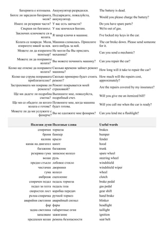 Батерията е изтощена. Аккумулятор разрядился.         The battery is dead.
 Бихте ли заредили батерията, Подзарядите, пожалуйста,
                                                             Would you please charge the battery?
                        моля? аккумулятор.
   Имате ли резервни части? У вас есть запчасти?             Do you have spare parts?
        Свърши ни бензинът. У нас кончился бензин.           We're out of gas.
    Заключих ключовете си в
                               Я запер ключи в машине.       I've locked my keys in the car.
                       колата.
    Колата се повреди. Моля, Машина сломалась. Пришлите      The car broke down. Please send someone
      изпратете някой за нея. кого-нибудь за ней.            for it.
      Можете ли да изпратите Не могли бы Вы прислать
                                                             Can you send a mechanic?
                    монтьор? механика?
     Можете ли да поправите
                               Вы можете починить машину?    Can you repair the car?
                      колата?
Колко ще отнеме да поправите Сколько времени займет ремонт
                                                             How long will it take to repair the car?
                      колата? машины?
  Колко ще струва поправката Сколько примерно будет стоить   How much will the repairs cost,
             приблизително? ремонт?                          approximately?
 Застраховката ми покрива ли Ремонт покрывается моей
                                                             Are the repairs covered by my insurance?
                    ремонта? страховкой?
   Ще ми дадете ли подробна Выпишите мне, пожалуйста,
                                                             Will you give me an itemized bill?
                      сметка? подробный счет.
  Ще ми се обадите ли когато Позвоните мне, когда машина
                                                             Will you call me when the car is ready?
             колата е готова? будет готова.
  Можете ли да ми услужите с
                               Вы не одолжите мне фонарик?   Can you lend me a flashlight?
                     фенерче?

              Полезни думи Полезные слова                    Useful words
                    спирачки    тормоза                      brakes
                       броня    бампер                       bumper
                      калник    крыло                        fender
           капак на двигател    капот                        hood
                   багажник     багажник                     trunk
               резервна гума    запасное колесо              spare wheel
                       волан    руль                         steering wheel
               предно стъкло    лобовое стекло               windshield
                    чистачки    дворники                     windshield wiper
                        гума    колесо                       wheel
                     амбреаж    сцепление                    clutch
              спирачен педал    педаль тормоза               brake pedal
               педал за газта   педаль газа                  gas pedal
              скоростен лост    коробка передач              gear shift
              ръчна спирачка    ручной тормоз                hand brake
          аварийни светлини     аварийный сигнал             blinker
                         фар    фары                         headlight
              задна светлина    габаритные огни              taillight
                   запалване    зажигание                    ignition
             предпазен колан    ремень безопасности          seat belt
 