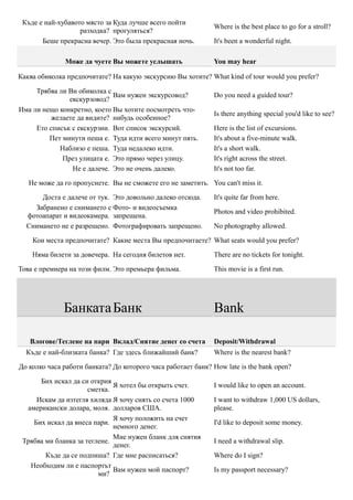 Къде е най-хубавото място за Куда лучше всего пойти
                                                               Where is the best place to go for a stroll?
                   разходка? прогуляться?
       Беше прекрасна вечер. Это была прекрасная ночь.         It's been a wonderful night.

               Може да чуете Вы можете услышать                You may hear

Каква обиколка предпочитате? На какую экскурсию Вы хотите? What kind of tour would you prefer?

     Трябва ли Ви обиколка с
                             Вам нужен экскурсовод?            Do you need a guided tour?
               екскурзовод?
Има ли нещо конкретно, което Вы хотите посмотреть что-
                                                               Is there anything special you'd like to see?
          желаете да видите? нибудь особенное?
     Ето списък с екскурзии. Вот список экскурсий.             Here is the list of excursions.
         Пет минути пеша е. Туда идти всего минут пять.        It's about a five-minute walk.
            Наблизо е пеша. Туда недалеко идти.                It's a short walk.
             През улицата е. Это прямо через улицу.            It's right across the street.
                Не е далече. Это не очень далеко.              It's not too far.

   Не може да го пропуснете. Вы не сможете его не заметить. You can't miss it.

      Доста е далече от тук. Это довольно далеко отсюда.       It's quite far from here.
    Забранено е снимането с Фото- и видеосъемка
                                                               Photos and video prohibited.
  фотоапарат и видеокамера. запрещена.
  Снимането не е разрешено. Фотографировать запрещено.         No photography allowed.

    Кои места предпочитате? Какие места Вы предпочитаете? What seats would you prefer?

    Няма билети за довечера. На сегодня билетов нет.           There are no tickets for tonight.

Това е премиера на този филм. Это премьера фильма.             This movie is a first run.




              Банката Банк                                     Bank

   Влогове/Теглене на пари Вклад/Снятие денег со счета         Deposit/Withdrawal
  Къде е най-близката банка? Где здесь ближайший банк?         Where is the nearest bank?

До колко часа работи банката? До которого часа работает банк? How late is the bank open?

      Бих искал да си открия
                              Я хотел бы открыть счет.         I would like to open an account.
                      сметка.
     Искам да изтегля хиляда Я хочу снять со счета 1000        I want to withdraw 1,000 US dollars,
  американски долара, моля. долларов США.                      please.
                              Я хочу положить на счет
    Бих искал да внеса пари.                                   I'd like to deposit some money.
                              немного денег.
                              Мне нужен бланк для снятия
 Трябва ми бланка за теглене.                                  I need a withdrawal slip.
                              денег.
        Къде да се подпиша? Где мне расписаться?               Where do I sign?
   Необходим ли е паспортът
                              Вам нужен мой паспорт?           Is my passport necessary?
                         ми?
 