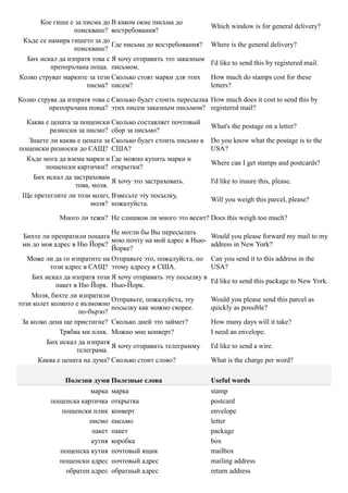 Кое гише е за писма до В каком окне письма до
                                                                Which window is for general delivery?
                 поискване? востребования?
 Къде се намира гишето за до
                              Где письма до востребования?      Where is the general delivery?
                 поискване?
  Бих искал да изпратя това с Я хочу отправить это заказным
                                                                I'd like to send this by registered mail.
          препоръчана поща. письмом.
Колко струват марките за тези Сколько стоят марки для этих      How much do stamps cost for these
                     писма? писем?                              letters?

Колко струва да изпратя това с Сколько будет стоить пересылка How much does it cost to send this by
         препоръчана поща? этих писем заказным письмом? registered mail?

  Каква е цената за пощенски Сколько составляет почтовый
                                                                What's the postage on a letter?
          разноски за писмо? сбор за письмо?
   Знаете ли каква е цената за Сколько будет стоить письмо в    Do you know what the postage is to the
пощенски разноски до САЩ? США?                                  USA?
  Къде мога да взема марки и Где можно купить марки и
                                                                Where can I get stamps and postcards?
        пощенски картички? открытки?
    Бих искал да застраховам
                               Я хочу это застраховать.         I'd like to insure this, please.
                  това, моля.
 Ще претеглите ли този колет, Взвесьте эту посылку,
                                                                Will you weigh this parcel, please?
                       моля? пожалуйста.

             Много ли тежи? Не слишком ли много это весит? Does this weigh too much?

                               Не могли бы Вы пересылать
  Бихте ли препратили пощата                                    Would you please forward my mail to my
                               мою почту на мой адрес в Нью-
 ми до моя адрес в Ню Йорк?                                     address in New York?
                               Йорке?
   Може ли да го изпратите на Отправьте это, пожалуйста, по     Can you send it to this address in the
           този адрес в САЩ? этому адресу в США.                USA?
     Бих искал да изпратя този Я хочу отправить эту посылку в
                                                                I'd like to send this package to New York.
             пакет в Ню Йорк. Нью-Йорк.
    Моля, бихте ли изпратили
                               Отправьте, пожалуйста, эту       Would you please send this parcel as
този колет колкото е възможно
                               посылку как можно скорее.        quickly as possible?
                     по-бързо?
 За колко дена ще пристигне? Сколько дней это займет?           How many days will it take?
              Трябва ми плик. Можно мне конверт?                I need an envelope.
         Бих искал да изпратя
                               Я хочу отправить телеграмму.     I'd like to send a wire.
                    телеграма.
       Каква е цената на дума? Сколько стоит слово?             What is the charge per word?

               Полезни думи Полезные слова                      Useful words
                      марка   марка                             stamp
          пощенска картичка   открытка                          postcard
             пощенски плик    конверт                           envelope
                     писмо    письмо                            letter
                      пакет   пакет                             package
                      кутия   коробка                           box
            пощенска кутия    почтовый ящик                     mailbox
            пощенски адрес    почтовый адрес                    mailing address
              обратен адрес   обратный адрес                    return address
 