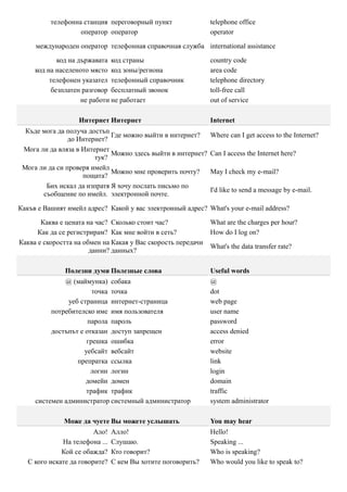 телефонна станция переговорный пункт                telephone office
                   оператор оператор                          operator

     международен оператор телефонная справочная служба international assistance

            код на държавата код страны                       country code
     код на населеното място код зоны/региона                 area code
          телефонен указател телефонный справочник            telephone directory
          безплатен разговор бесплатный звонок                toll-free call
                    не работи не работает                     out of service

                   Интернет Интернет                          Internet
  Къде мога да получа достъп
                             Где можно выйти в интернет?      Where can I get access to the Internet?
                до Интернет?
 Мога ли да вляза в Интернет
                             Можно здесь выйти в интернет?    Can I access the Internet here?
                        тук?
 Мога ли да си проверя имейл
                             Можно мне проверить почту?       May I check my e-mail?
                    пощата?
        Бих искал да изпратя Я хочу послать письмо по
                                                              I'd like to send a message by e-mail.
       съобщение по имейл. электронной почте.

Какъв е Вашият имейл адрес? Какой у вас электронный адрес? What's your e-mail address?

       Каква е цената на час? Сколько стоит час?              What are the charges per hour?
      Как да се регистрирам? Как мне войти в сеть?            How do I log on?
Каква е скоростта на обмен на Какая у Вас скорость передачи
                                                              What's the data transfer rate?
                       данни? данных?

               Полезни думи Полезные слова                    Useful words
              @ (маймунка) собака                             @
                        точка точка                           dot
               уеб страница интернет-страница                 web page
          потребителско име имя пользователя                  user name
                      парола пароль                           password
          достъпът е отказан доступ запрещен                  access denied
                      грешка ошибка                           error
                     уебсайт вебсайт                          website
                  препратка ссылка                            link
                       логин логин                            login
                     домейн домен                             domain
                      трафик трафик                           traffic
     системен администратор системный администратор           system administrator

              Може да чуете Вы можете услышать                You may hear
                         Ало!   Алло!                         Hello!
              На телефона ...   Слушаю.                       Speaking ...
              Кой се обажда?    Кто говорит?                  Who is speaking?
   С кого искате да говорите?   С кем Вы хотите поговорить?   Who would you like to speak to?
 