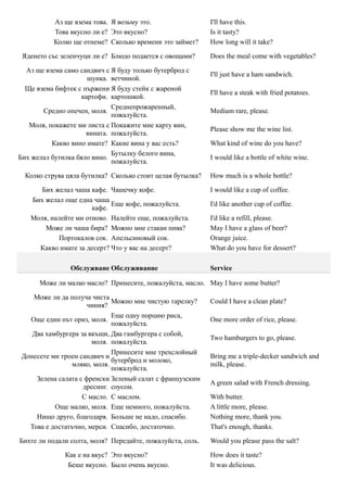 Аз ще взема това. Я возьму это.                  I'll have this.
           Това вкусно ли е? Это вкусно?                    Is it tasty?
           Колко ще отнеме? Сколько времени это займет?     How long will it take?

 Яденето със зеленчуци ли е? Блюдо подается с овощами?      Does the meal come with vegetables?

  Аз ще взема само сандвич с Я буду только бутерброд с
                                                            I'll just have a ham sandwich.
                      шунка. ветчиной.
  Ще взема бифтек с пържени Я буду стейк с жареной
                                                            I'll have a steak with fried potatoes.
                    картофи. картошкой.
                             Среднепрожаренный,
       Средно опечен, моля.                                 Medium rare, please.
                             пожалуйста.
   Моля, покажете ми листа с Покажите мне карту вин,
                                                            Please show me the wine list.
                     вината. пожалуйста.
          Какво вино имате? Какие вина у вас есть?          What kind of wine do you have?
                             Бутылку белого вина,
Бих желал бутилка бяло вино.                                I would like a bottle of white wine.
                             пожалуйста.

  Колко струва цяла бутилка? Сколько стоит целая бутылка?   How much is a whole bottle?

      Бих желал чаша кафе. Чашечку кофе.                    I would like a cup of coffee.
   Бих желал още една чаша
                            Еще кофе, пожалуйста.           I'd like another cup of coffee.
                      кафе.
   Моля, налейте ми отново. Налейте еще, пожалуйста.        I'd like a refill, please.
       Може ли чаша бира? Можно мне стакан пива?            May I have a glass of beer?
           Портокалов сок. Апельсиновый сок.                Orange juice.
     Какво имате за десерт? Что у вас на десерт?            What do you have for dessert?

                Обслужване Обслуживание                     Service

      Може ли малко масло? Принесите, пожалуйста, масло. May I have some butter?

    Може ли да получа чиста
                              Можно мне чистую тарелку?     Could I have a clean plate?
                      чиния?
                              Еще одну порцию риса,
   Още един път ориз, моля.                                 One more order of rice, please.
                              пожалуйста.
    Два хамбургера за вкъщи, Два гамбургера с собой,
                                                            Two hamburgers to go, please.
                       моля. пожалуйста.
                              Принесите мне трехслойный
 Донесете ми троен сандвич и                                Bring me a triple-decker sandwich and
                              бутерброд и молоко,
                 мляко, моля.                               milk, please.
                              пожалуйста.
     Зелена салата с френски Зеленый салат с французским
                                                            A green salad with French dressing.
                    дресинг. соусом.
                    С масло. С маслом.                      With butter.
           Още малко, моля. Еще немного, пожалуйста.        A little more, please.
     Нищо друго, благодаря. Больше не надо, спасибо.        Nothing more, thank you.
   Това е достатъчно, мерси. Спасибо, достаточно.           That's enough, thanks.

Бихте ли подали солта, моля? Передайте, пожалуйста, соль.   Would you please pass the salt?

              Как е на вкус? Это вкусно?                    How does it taste?
               Беше вкусно. Было очень вкусно.              It was delicious.
 