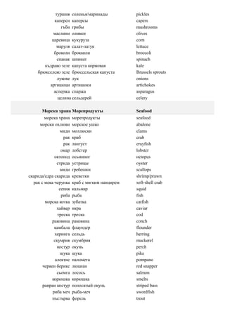 туршия соленья/маринады              pickles
           каперси каперсы                       capers
               гъби грибы                        mushrooms
           маслини оливки                        olives
          царевица кукуруза                      corn
             маруля салат-латук                  lettuce
           броколи брокколи                      broccoli
             спанак шпинат                       spinach
       къдраво зеле капуста кормовая             kale
    брюкселско зеле брюссельская капуста         Brussels sprouts
             лукове лук                          onions
         артишоци артишоки                       artichokes
           аспержа спаржа                        asparagus
             целина сельдерей                    celery

      Морска храна Морепродукты                  Seafood
        морска храна    морепродукты             seafood
     морски охлюви      морское ушко             abalone
                 миди   моллюски                 clams
                  рак   краб                     crab
                  рак   лангуст                  crayfish
                 омар   лобстер                  lobster
             октопод    осьминог                 octopus
               стрида   устрицы                  oyster
                 миди   гребешки                 scallops
скарида/едра скарида    креветки                 shrimp/prawn
  рак с мека черупка    краб с мягким панцирем   soft-shell crab
                сепия   кальмар                  squid
                 риба   рыба                     fish
        морска котка    зубатка                  catfish
               хайвер   икра                     caviar
               треска   треска                   cod
            раковина    раковина                 conch
             камбала    флаундер                 flounder
             херинга    сельдь                   herring
             скумрия    скумбрия                 mackerel
               костур   окунь                    perch
                 щука   щука                     pike
              алектис   паломета                 pompano
       червен берикс    люциан                   red snapper
               сьомга   лосось                   salmon
            корюшка     корюшка                  smelts
       раиран костур    полосатый окунь          striped bass
            риба меч    рыба-меч                 swordfish
            пъстърва    форель                   trout
 