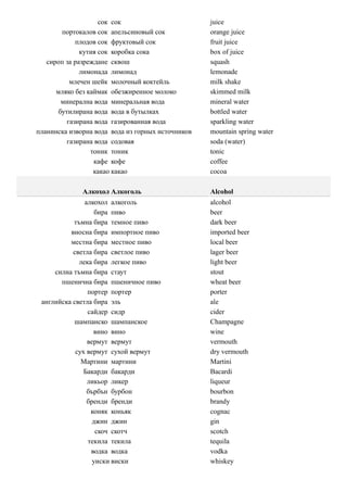 сок сок                        juice
        портокалов сок апельсиновый сок            orange juice
             плодов сок фруктовый сок              fruit juice
              кутия сок коробка сока               box of juice
   сироп за разреждане сквош                       squash
              лимонада лимонад                     lemonade
           млечен шейк молочный коктейль           milk shake
      мляко без каймак обезжиренное молоко         skimmed milk
        минерална вода минеральная вода            mineral water
       бутилирана вода вода в бутылках             bottled water
          газирана вода газированная вода          sparkling water
планинска изворна вода вода из горных источников   mountain spring water
          газирана вода содовая                    soda (water)
                 тоник тоник                       tonic
                   кафе кофе                       coffee
                  какао какао                      cocoa

              Алкохол Алкоголь                     Alcohol
               алкохол алкоголь                    alcohol
                   бира пиво                       beer
           тъмна бира темное пиво                  dark beer
          вносна бира импортное пиво               imported beer
          местна бира местное пиво                 local beer
           светла бира светлое пиво                lager beer
             лека бира легкое пиво                 light beer
     силна тъмна бира стаут                        stout
       пшенична бира пшеничное пиво                wheat beer
                портер портер                      porter
 английска светла бира эль                         ale
                сайдер сидр                        cider
           шампанско шампанское                    Champagne
                  вино вино                        wine
                вермут вермут                      vermouth
            сух вермут сухой вермут                dry vermouth
              Мартини мартини                      Martini
               Бакарди бакарди                     Bacardi
                ликьор ликер                       liqueur
                бърбън бурбон                      bourbon
                бренди бренди                      brandy
                 коняк коньяк                      cognac
                  джин джин                        gin
                   скоч скотч                      scotch
                текила текила                      tequila
                 водка водка                       vodka
                  уиски виски                      whiskey
 