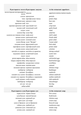 В ресторанта: мезета В ресторане: закуски     At the restaurant: appetizers
мезета/предястия/ордьоври/за
                               закуски              appetizers/entrées/starters/snacks
                        куски
                       солети крендельки            pretzels
                         чипс картофельные чипсы    potato chips
                бирени ядки орешки к пиву           beer nuts
              препечен хляб тост                    toast
      хрупкав препечен хляб хрустящий тост          crisp toast
                 чеснов хляб чесночный хлеб         garlic bread
                       салата салат                 salad
                 салатен бар салат-бар              salad bar
  салатата на главния готвач шеф-салат              chef's salad
               гръцка салата греческий салат        Greek salad
               зелена салата зеленый салат          green salad
                салата Цезар салат "Цезарь"         Caesar salad
             плодова салата фруктовый салат         fruit salad
           картофена салата картофельный салат      potato salad
               зелева салата капустный салат        coleslaw
         коктейл от скариди коктейль из креветок    shrimp cocktail
           задушени стриди устричный садок          oyster stew
                        омлет омлет                 omelet
          рохки варени яйца яйца всмятку            soft-boiled eggs
        твърдо сварени яйца яйца вкрутую            hard-boiled eggs
                 корнфлейкс кукурузные хлопья       cornflakes
               овесена каша овсяная каша            oatmeal
            пилешки крилца куриные крылышки         chicken wings
                   хамбургер гамбургер              hamburger
                     сандвич бутерброд              sandwich
         сандвич със сьомга бутерброд с лососем     salmon sandwich
        сандвич със сардина бутерброд с сардинами   sardine sandwich
               клуб сандвич клаб-сэндвич            club sandwich
                  чийзбургер чизбургер              cheeseburger
                      хот-дог хот-дог               hot dog
                         кебап кебаб                kebab

        В ресторанта: супа В ресторане: суп         At the restaurant: soup
                първо ястие   первое блюдо          first course
                супа/бульон   мясной бульон         broth/stock
              пилешка супа    куриный суп           chicken soup
                  крем супа   суп-пюре              cream soup
            супа от броколи   суп из брокколи       broccoli soup
                гъбена супа   грибной суп           mushroom soup
              доматена супа   томатный суп          tomato soup
                лучена супа   луковый суп           onion soup
 