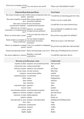 Къде мога да намеря детски
                            Где у вас книги для детей?       Where can I find children's books?
                     книги?

             Играчки/Игри Игрушки/Игры                       Toys/Games
 Бих искал интересна игра за Мне нужна интересная игра для
                                                             I would like an interesting game for a boy.
                     момче. мальчика.
  Бих искал играчка за малко Мне нужна игрушка для
                                                             I'd like a toy for a small child.
                        дете. маленького ребенка.
           Бих искал да видя Я хочу посмотреть
                                                             I would like to see some electrical toys.
      електрически играчки. электрические игрушки.
       Мислите ли, че това е
                              Думаете, это подходит          Do you think this is suitable for a four-
подходящо за четиригодишно
                              четырехлетнему ребенку?        year-old child?
                       дете?
                              У вас есть простые игры для
Имате ли лесни игри за деца?                                 Do you have easy games for children?
                              детей?
                              Что мы можем подарить
 Какво можем да подарим на
                              маленькому больному            What can we give a sick little boy?
           болно момченце?
                              мальчику?
Имате ли говорящи и ходящи У вас есть ходящие и говорящие
                                                             Do you have any dolls that walk and talk?
                     кукли? куклы?

 Какви конструктори имате? Какие конструкторы у вас есть? What type of building kits do you have?

                               Ведерко с лопаткой,
Бих желал кофичка и лопатка.                                 I would like a pail and a shovel.
                               пожалуйста.

              Полезни думи Полезные слова                    Useful words
             играчки за баня   игрушки для купания/лодочки   bath toys/tubs
            спасителен пояс    плавательный круг             float
           поясчета за ръце    манжеты для плавания          arm floats
                детска лодка   детская лодочка               baby boat
                    шнорхел    дыхательная трубка            snorkel
           главоблъсканица     головоломки                   brain teasers
                       табла   нарды                         backgammon
                        дама   шашки                         checkers
                         шах   шахматы                       chess
            стрелички дартс    дротики                       darts
                      пъзели   пазлы                         puzzles
       пластмасови играчки     пластмассовые игрушки         plastic toys
         кофичка и лопатка     ведерко с лопаткой            pail and shovel
           комплект за игра    набор игрушек                 play set
                     кубчета   кубики                        blocks set
       конструктори за деца    ведерко с конструктором       building kits/building bucket
                        Лего   Лего                          Lego
                  дрънкалки    погремушки                    rattles
                 проходилка    ходунок                       walker
                       кукли   куклы                         dolls
                       Барби   Барби                         Barbie
 