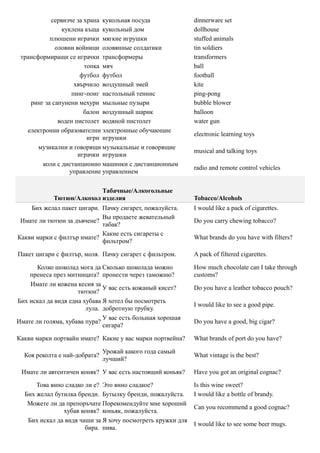 сервизче за храна кукольная посуда               dinnerware set
               куклена къща кукольный дом                   dollhouse
           плюшени играчки мягкие игрушки                   stuffed animals
             оловни войници оловянные солдатики             tin soldiers
 трансформиращи се играчки трансформеры                     transformers
                       топка мяч                            ball
                      футбол футбол                         football
                    хвърчило воздушный змей                 kite
                   пинг-понг настольный теннис              ping-pong
    ринг за сапунени мехури мыльные пузыри                  bubble blower
                       балон воздушный шарик                balloon
              воден пистолет водяной пистолет               water gun
   електронни образователни электронные обучающие
                                                            electronic learning toys
                        игри игрушки
       музикални и говорящи музыкальные и говорящие
                                                            musical and talking toys
                     играчки игрушки
        коли с дистанционно машинки с дистанционным
                                                            radio and remote control vehicles
                  управление управлением

                          Табачные/Алкогольные
            Тютюн/Алкохол изделия                           Tobacco/Alcohols
    Бих желал пакет цигари. Пачку сигарет, пожалуйста.      I would like a pack of cigarettes.
                            Вы продаете жевательный
 Имате ли тютюн за дъвчене?                                 Do you carry chewing tobacco?
                            табак?
                            Какие есть сигареты с
Какви марки с филтър имате?                                 What brands do you have with filters?
                            фильтром?

Пакет цигари с филтър, моля. Пачку сигарет с фильтром.      A pack of filtered cigarettes.

       Колко шоколад мога да Сколько шоколада можно         How much chocolate can I take through
    пренеса през митницата? пронести через таможню?         customs?
    Имате ли кожена кесия за
                              У вас есть кожаный кисет?     Do you have a leather tobacco pouch?
                     тютюн?
Бих искал да видя една хубава Я хотел бы посмотреть
                                                            I would like to see a good pipe.
                        лула. добротную трубку.
                              У вас есть большая хорошая
Имате ли голяма, хубава пура?                               Do you have a good, big cigar?
                              сигара?

Какви марки портвайн имате? Какие у вас марки портвейна?    What brands of port do you have?

                               Урожай какого года самый
  Коя реколта е най-добрата?                                What vintage is the best?
                               лучший?

 Имате ли автентичен коняк? У вас есть настоящий коньяк?    Have you got an original cognac?

      Това вино сладко ли е? Это вино сладкое?              Is this wine sweet?
  Бих желал бутилка бренди. Бутылку бренди, пожалуйста.     I would like a bottle of brandy.
   Можете ли да препоръчате Порекомендуйте мне хороший
                                                            Can you recommend a good cognac?
               хубав коняк? коньяк, пожалуйста.
   Бих искал да видя чаши за Я хочу посмотреть кружки для
                                                            I would like to see some beer mugs.
                       бира. пива.
 