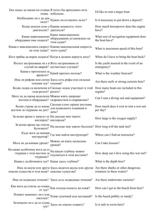 Бих искал да наема по-голяма Я хотел бы арендовать яхту
                                                                I'd like to rent a larger boat.
                      лодка. побольше.
      Необходимо ли е да дам
                             Нужно ли оставлять залог?          Is it necessary to put down a deposit?
                      залог?
         Колко конски сили е Какова мощность этого              How much horsepower does the engine
                двигателят? двигателя?                          have?
                             Какое навигационное
         Какво навигационно                                     What sort of navigation equipment does
                             оборудование установлено на
    оборудване има лодката?                                     the boat have?
                             этом судне?
Каква е максималната скорост Какова максимальная скорость
                                                                What is maximum speed of this boat?
              на тази лодка? этого судна?

Кога трябва да върна лодката? Когда я должен вернуть яхту?      When do I have to bring the boat back?

    Яхтата застрахована ли е в Яхта застрахована от             Is the yacht insured in the event of an
            случай на авария? несчастных случаев?               emergency?
         Каква е прогнозата за
                               Какой прогноз погоды?            What is the weather forecast?
                     времето?
    Има ли рифове или силни Здесь есть рифы или сильные
                                                                Are there reefs or strong currents here?
                 течения тук? течения?
   Колко лодки са включени в Сколько лодок участвует в этой     How many boats are included in this
                  тази регата? регате?                          regatta?
  Мога ли да наема водолазен Можно взять напрокат
                                                                Can I rent a diving suit and equipment?
        костюм и оборудване? гидрокостюм и снаряжение?
                               Сколько стоит прокат костюма
      Колко струва да се наеме                                  How much does it cost to rent a wet suit
                               для подводного плавания в
  костюм за гмуркане на ден?                                    per day?
                               день?
   За колко време е запасът от На сколько мне хватит
                                                                How large is the oxygen supply?
                    кислород? кислорода?
     За колко време ще стигне
                               На сколько мне хватит баллона?   How long will the tank last?
                   бутилката?
          Къде мога да намеря
                               Где мне найти инструктора?       Where can I find an instructor?
                 инструктор?
                               Можно ли взять несколько
   Мога ли да взимам уроци?                                     Can I take lessons?
                               уроков?
На каква дълбочина мога да се
                               На какую глубину можно
     гмуркам с този костюм за                                   How deep can I dive using this wet suit?
                               спускаться в этом костюме?
                    гмуркане?
    Каква е дълбочината тук? Какая здесь глубина?               What is the depth here?

     Има ли акули или други Здесь водятся акулы или другие Are there sharks or other dangerous
опасни същества в тези води? опасные существа?             creatures in these waters?

   Има ли подводни течения? Здесь есть подводные течения? Are there underwater currents?

 Как мога да стигна до плажа
                             Как отсюда попасть на пляж? How can I get to the beach from here?
                     от тук?
   Плажът каменист ли е или
                             Пляж галечный или песчаный? Is the beach pebbly or sandy?
                   пясъчен?
  Безопасно ли е да се плува
                             Здесь не опасно плавать?    Is it safe to swim here?
                        тук?
 
