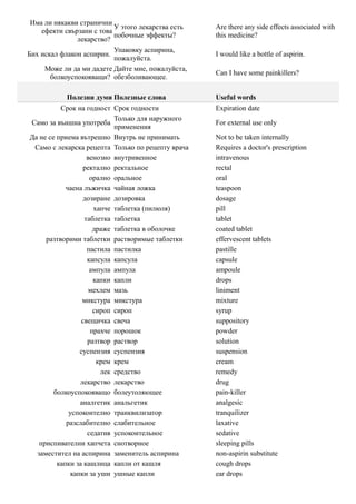 Има ли някакви странични
                           У этого лекарства есть   Are there any side effects associated with
    ефекти свързани с това
                           побочные эффекты?        this medicine?
               лекарство?
                           Упаковку аспирина,
Бих искал флакон аспирин.                           I would like a bottle of aspirin.
                           пожалуйста.
     Може ли да ми дадете Дайте мне, пожалуйста,
                                                    Can I have some painkillers?
       болкоуспокояващи? обезболивающее.

            Полезни думи Полезные слова             Useful words
          Срок на годност Срок годности             Expiration date
                            Только для наружного
Само за външна употреба                             For external use only
                            применения
Да не се приема вътрешно Внутрь не принимать        Not to be taken internally
 Само с лекарска рецепта Только по рецепту врача    Requires a doctor's prescription
                   венозно внутривенное             intravenous
                  ректално ректальное               rectal
                    орално оральное                 oral
            чаена лъжичка чайная ложка              teaspoon
                  дозиране дозировка                dosage
                     хапче таблетка (пилюля)        pill
                  таблетка таблетка                 tablet
                     драже таблетка в оболочке      coated tablet
     разтворими таблетки растворимые таблетки       effervescent tablets
                   пастила пастилка                 pastille
                   капсула капсула                  capsule
                    ампула ампула                   ampoule
                     капки капли                    drops
                    мехлем мазь                     liniment
                  микстура микстура                 mixture
                     сироп сироп                    syrup
                 свещичка свеча                     suppository
                    прахче порошок                  powder
                   разтвор раствор                  solution
                 суспензия суспензия                suspension
                      крем крем                     cream
                        лек средство                remedy
                 лекарство лекарство                drug
        болкоуспокояващо болеутоляющее              pain-killer
                 аналгетик анальгетик               analgesic
             успокоително транквилизатор            tranquilizer
            разслабително слабительное              laxative
                   седатив успокоительное           sedative
   приспивателни хапчета снотворное                 sleeping pills
  заместител на аспирина заменитель аспирина        non-aspirin substitute
         капки за кашлица капли от кашля            cough drops
              капки за уши ушные капли              ear drops
 