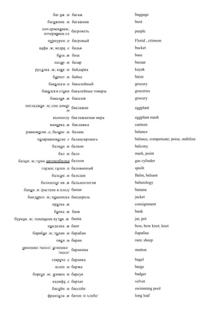 баг аж .м багаж              baggage
                  багажник .м багажник            boot
               поч ервенявам;
                              багроветь           purple
                изчервявам се
                  пурпурен .п багровый            Florid , crimson
             кофа .ж; ведро .с бадья              bucket
                       база .ж база               base
                      пазар .м базар              bazaar
           русалка .ж; каяк .м байдарка           kayak
                     бархет .м байка              baize
                   бакалски .п бакалейный         grocery
               бакалски стоки бакалейные товары   groceries
                   бакалия .ж бакалея             grocery
     патладжан .м; син домат баклажан             eggplant
                          .м
                     кьопоолу баклажанная икра    eggplant mash
                   манерка .ж баклажка            canteen
      равнове сие .с; баланс .м баланс            balance
            пазяравнове сие .г балансировать      balance, compensate; poise, stabilize
                    балкон .м балкон              balcony
                        бал .м балл               mark, point
  бало н .м; гума авт ом об илна баллон           gas cylinder
               глезен; гален .п балованный        spoilt
                    балсам .м бальзам             Balm, balsam
              балнеолог ия .ж бальнеология        balneology
     бана н .м /растене и плод/ банан             banana
       бандерол .м; пощенска бандероль            jacket
                     пратка .ж                    consignment
                      банка .ж банк               bank
буркан .м; тенекиена кутия .ж банка               jar, pot
                  панделка .ж бант                bow, bow knot; knot
          барабан .м; тъпан .м барабан            барабан
                       ове н .м баран             ram; sheep
    овнешко /месо/; агнешко
                              баранина            mutton
                       /месо/
                    геврече .с баранка            bagel
                      шлеп .м баржа               barge
          борсук .м; язовец .м барсук             badger
                     кадифе .с бархат             velvet
                     басейн .м бассейн            swimming pool
                  франзела .ж батон /о хлебе/     long loaf
 