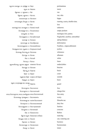 пътен сандък .м; куфар .м баул               portmanteau
                      кула .ж башня             turret
          бягане .с; тичане .с бег              run
              бягам; тичам .г бегать            run; shin
               хипопотам .м бегемот             hippo
         тичешком; бегом .н бегом               running, scurry, double-time.
                          без без               less
       неизве стен; незнаен .п безвестный       unknown
               безпарич ие .с безденежье        empty pockets
                  целу вка .ж безе              meringue; kiss, pastry
                безгрижен .п беззаботный        Neglectful, carefree, untroubled
                   кантар .м безмен             spring balance
                 грозотия .ж безобразие         deformation
             безпогрешно .н безошибочно         Faultless , impeccablement
       безрадостен; тъжен .п безрадостный       joyless
           белина; белота .ж белизна            whiteness
                   белтък .м белок              albumen
                       бял .п белый             white
                     бельо .с белье             linen
   долнобельо, до лни дрехи нижнее белье        underclothes
                   бензин .м бензин             benzine
                     бреза .ж береза            birch
                      бряг .м берег             coast
                морски бряг морск ой берег      seaside
                   баре та .ж берет             beret
     пазя; съхраняв ам; щадя
                              беречь            guard
                           .г
                   безплатно бесплатно          free
                безплатен .п бесплатный         charge-free
вход безплатен; вход свободен вход бесплатный   free entry
         безпокоя; тревожа .г беспокоить        worry
                 безпокои ме меня беспокоит     Disturbs me
                 безмитен .п беспошлинный       duty free
               безстра шен .п бесстрашный       fearless
                  бетонен .п бетонный           concrete
                       бяс .м бешенство         Rabies
                  бясно куче бешеная собака     mad dog
               бидо н; гюм .м бидон             can, watering can
                   бизнес .м бизнес             business
               бизнесмен .м бизнесмен           businessman
                    билет .м билет              ticket
 