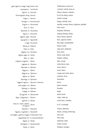 още повече; освен това более того          furthermore, moreover
            ощеповече тем более             a fortiori, all the more so
              болест .ж болезнь             illness, disease, sickness
      болендувам; боле болеть               be ill, be ailing, sicken
               блато .с болото              marsh, swamp
             блатист .п болотистый          boggy, marshy, miry
              блатен .п болотный            marshy, swamp, fenny; uliginous, paludal
                болт .м болт                bolt, screw
            болница .ж больница             hospital, infirmary
               болен .п больной             aching, hurting; ailing
           повече, вече больше              more; better; upward
            по-голям .п бо льший            best, superior; better
                 голям большой              big, large; considerable
               брада .ж борода              beard; wattle
                борд .м борт                side; port, starboard
            обувки .мн ботинки              boot, shoe
         бъчва, каца .ж бочка               barrel, cask, drum
                брат .м брат                brother, sibling
      вземам, поемам .г брать               take, accept
             хващам се браться              settle down; start,
            бръснач .м бритва               razor, shaver
              бръсна .г брить               razor, shave
              бръсна се бриться             scrape one's chin, shave
              вежда .ж бровь                eyebrow, brow
            бронхит .м бронхит              bronchitis
        хвърля, метна .г бросить /камень/   throw
         панталони .мн брюки                pants, trousers
             брюнет .м брюнет               brunette
              геврек .м бублик              bagel
           буд илник .м будильник           alarm clock
      будя, събу ждам .г будить             wake, wake up
             делник .м будни                week days, workday
   като че, чеуж, сякаш,
                         будто              as if , as though
               изглежда
              бъдеще .с будущее             Future, aftertime
     бъдещ, следващ .п будущий              future, coming, following
догодина, идната година в будущем году      next year
         сле дващия път в следующий раз     Next time
               буква .ж буква               character, letter
            буквален .п буквальный          literal, textual
               букет .м букет               bouquet, nosegay
 
