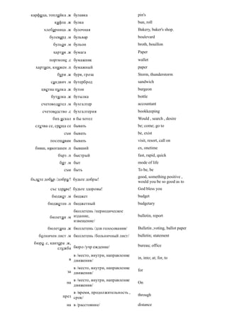 карфи ца, топлийка .ж булавка                           pin's
            кифла .ж булка                              bun, roll
      хлебарница .ж булочная                            Bakery, baker's shop.
         булевард .м бульвар                            boulevard
           бульон .м бульон                             broth, bouillon
           хартия .ж бумага                             Paper
         портмоне .с бумажник                           wallet
  хартиен, книжен .п бумажный                           paper
              буря .ж буря, гроза                       Storm, thunderstorm
          сандвич .м бутерброд                          sandwich
     цветна пъпка .ж бутон                              burgeon
          бутилка .ж бутылка                            bottle
     счетоводител .м бухгалтер                          accountant
      счетоводство .с бухгалтерия                       bookkeeping
           бих искал я бы хотел                         Would , search , desire
  случва се, среща се бывать                            be; come; go to
                 съм бывать                             be, exist
          посещавам бывать                              visit, resort, call on
  бивш, някогашен .п бывший                             ex, onetime
              бърз .п быстрый                           fast, rapid, quick
               бит .м быт                               mode of life
                 съм быть                               To be, be
                                                        good, something positive ,
бъде те добър /добра/! будьте добры!
                                                        would you be so good as to
          със здраве! будьте здоровы!                   God bless you
           бюджет .м бюджет                             budget
         бюджетен .п бюджетный                          budgetary
                     бюллетень /периодическое
          бюлетин .м издание,                           bulletin, report
                     извещение/
        бюлетина .ж бюллетень /для голосования/         Bulletin ,voting, ballot paper
    болничен лист .м бюллетень /больничный лист/        bulletin; statement
 бюро .с, кантора .ж,
                                                        bureau; office
              служба бюр о /учр еждение/
                      в /место, внутри, направление
                    в движения/                         in, into; at; for, to

                      в /место, внутри, направление
                   за движения/                         for

                        в /место, внутри, направление
                   на                                   On
                        движения/
                     в /время, продолжительность ,
                през срок/                              through

                   на в /расстояние/                    distance
 