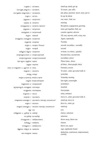 ставам .г вставать                       stand up, stand; get up
           поставя, вместя .г вставить                       To insert , put; affix
       поставям, вмествам .г вставлять                       put, place, position. insert, inset, put in
                      стана .г встать                        be up, be about
                    срещна .г встретить                      run, meet , find, see
                    среща .ж встреча                         meeting
                посрещане .с встреча /прием/                 Reception, engagement, greeting
                   срещам .г встречать                       meet, get together, find, see
                 насре щен .п встречный                      counter, against, adverse
                       всеки   всякий                        All, any, anyone, each, every, any
         вторично, повторно вторично                         Again, repeatedly
                     вторник вторник                         Tuesday
                     второ .с второе /блюдо/                 second; secondary , secondly
                       втори   второй                        second
              набързо, бързо второпях                        in haste, in a hurry , quickly
           второкачествен .п второсортный                    Second-class, second-rate
              второстепенен второстепенный                   secondary; minor
            три пъти, тройно втрое                           Three times , thrice
                       трима втроем                          all three , three people, three
вход .м, влизане .с, до стъп .м вход                         Entrance, access
                    влизам .г входить                        To enter , enter, go/come/walk in
                        вчера вчера                          yesterday
              вчера сутринта вчера утром                     Yesterday moning
                       снощи вчера вечером                   last night, yesternight
                 вчерашен .п вчерашний                       yesterday's
       четирипъти, четворно вчетверо                         fourfold
                    четирима вчетвером                       four people
                   влизане .с въезд                          entry, entrance
                    влизам .г въезжать                       move in , enter, go/come/walk in
         изкачвам сенагоре .г въезжать /нагору, подняться/   stand up, move in
                      вляза .г въехать                       drive in , enter, go
           изкача сенагоре .г въехать /нагору, подняться/    stand up
                          вие вы                             you
       избиране .с, избор .м выбор                           choice, selection
                     по избор на выбор                       selection
                изхвърлям .г выбрасывать                     throw away, throw out
                     избера .г выбрать                       choose
                  изхвърля .г выбросить                      throw out, reject
            фирма, табела .ж вывеска                         sign, signboard, board
                                                             deduction, conclusion, imprisonment,
                 зак лючение вывод
                                                             custody
 