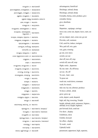 изгоден .п выгодный               advantageous, beneficial
разтоварвам, стоварвам .г выгружать             Discharge, unload, dump
    разтоваря, стоваря .г выгрузить             Discharge, unload, dump
       давам, издавам .г выдавать               Extradite, betray, emit, produce, give
             давам пари выдавать деньги         extradite; betray
           дам, издам .г выдать                 give; distribute
              измисля .г выдумать               invent
 излизане, заминаване .с выезд                  Departure , equipage, carriage
    излизам, замина вам,                        move out; come out, depart, leave, start, set
                         выезжать
              тръгвам .г                        out
изляза, замина, тръгна .г выехать               set out, depart, start, come out, go out
     извикам, повикам .г вызвать                Provoke, call, summon
         предизвикам .г вызывать                Call, send for, induce, instigate
         спечеля, победя выиграть               Win, pull off, win, gain
              печалба .ж выигрыш                win, gain; winning
       изляза, напусна .г выйти                 go out, exit, leave
  елек трически ключ .м выключатель             switch; cut out
               спирам .г выключать              shut off, turn off, stop
                 спра .г выключить              switch off, turn off, stop
    отлитане, излитане .с вылет                 flight; sortie , departure
     отлитам, излитам .г вылетать               fly out; start , fly off/away
        отлетя, излетя .г вылететь              set out , fly off
     излекувам, изцер я   вылечить              To cure , heal, cure
                 излея .г вылить                To pour out
                измия .г вымыть                 wash out; wash down, измивам
              измиясе .г вымыться               wash, be rinsed ,
             изваждам .г вынимать               take out; lay out, abstract, produce
                изпия .г выпить                 To have a drink , drink
             изра свам .г вырастать             grow; grow up
        изпратя, пратя .г выслать               exile, deport ,send, dispatch
                висок .п высокий                high, tall; big; towering, Temple
                                                height, altitude; pitch; eminence; bigness ,
     височина, висота .ж высота
                                                altitude; level, height, highness
             преместя .г выставить /вперед/     put forward; kick; send out
              /изложа .г выставить /напоказ     For show , display
             изложба .ж выставка                Exhibition, show
          премествам .г выставлять /вперед/     Exhibit, forward
              излагам .г выставлять /напоказ/   for effect , display
               изпера .г выстирать              To wash , wash
              построя .г выстроить              Upbuild, build
      висш, на й-висок .п высший                paramount; uppermost, high, supreme,
 