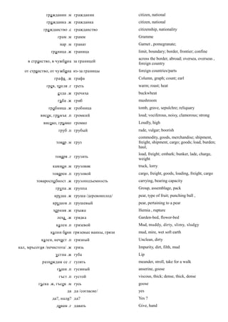 гра жданин .м гражданин              citizen, national
              гра жданка .ж гражданка              citizen, national
             гра жданство .с гражданство           citizenship, nationality
                    грам .м грамм                  Gramme
                     нар .м гранат                 Garnet , pomegranate;
                 гра ница .ж граница               limit, boundary; border, frontier; confine
                                                   across the border, abroad; oversea, overseas ,
     в странство, в чужбина за границей
                                                   foreign country
   от странство, от чужбина из-за границы          foreign countries/parts
                  графа .ж графа                   Column, graph; count; earl
              грея, топля .г греть                 warm; roast; heat
                    елда .ж гречиха                buckwheat
                    гъба .ж гриб                   mushroom
               гробница .ж гробница                tomb, grave, sepulchre; reliquary
           висок, гръмък .п громкий                loud; vociferous, noisy, clamorous; strong
             високо, гръмко громко                 Loudly, high
                    груб .п грубый                 rude, vulgar; boorish
                                                   commodity, goods, merchandise; shipment,
                   товар .м груз                   freight, shipment, cargo; goods; load, burden;
                                                   haul,
                                                   load, freight; embark; bunker, lade, charge,
                   товаря .г грузить
                                                   weight
                 камио н .м грузовик               truck, lorry
                 товарен .п грузовой               cargo, freight, goods, loading, freight, cargo
         товароспо бност .ж грузоподъемность       carrying, bearing capacity
                   група .ж группа                 Group, assemblage, pack
                  кру ша .ж груша /деревоиплод/    pear, type of fruit; punching ball ,
                 кру шов .п грушевый               pear, pertaining to a pear
                  херния .ж грыжа                  Hernia , rupture
                    леха .ж грядка                 Garden-bed, flower-bed
                   кален .п грязевой               Mud, muddy, dirty, slimy, sludgy
                кални бани грязевые ванны, грязи   mud, mire, wet soft earth
           кален, нечист .п грязный                Unclean, dirty
кал, мръсотия /нечистота/ .ж грязь                 Impurity, dirt, filth, mud
                   устна .ж губа                   Lip
            разхождам се .г гулять                 meander, stroll, take for a walk
                    гъши .п гусиный                anserine, goose
                     гъст .п густой                viscous, thick; dense, thick, dense
          гъска .ж, гъсок .м гусь                  goose
                         да да /согласие/          yes
                 да?, нали? да?                    Yes ?
                   давам .г давать                 Give, hand
 