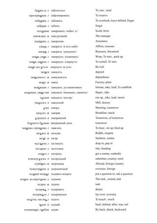 Грижа се .г заботиться                     To care , tend
      зарезервирам .г забронировать                  To reserve
          забравям .г забывать                       To overlook, leave behind, forget
            забравя .г забыть                        forget
            попарвам заваривать /чайит. п./          Scald, brew
         завеждащ .м заведующий                      The manager
          уверение .с заверение                      Assurance
              уверя .г заверить /к ого-либо/         Affirm, reassure
             заверя .г заверить /документ/           Reassure, document
        завия, увия .г завернуть /упаковать/         Wrap, To turn , pack up
      завия, свърна .г завернуть /свернуть/          To curtail, To turn
     завия зад ъгъла свернуть за угол                Be rich
               завися зависеть                       depend
       зависимост .ж зависимость                     dependence
             завод .м завод                          Factory, plant
          въвеждам .г заводить, устанавливать        Initiate, take, lead, To establish
  започвам, завър зам заводить /начинать, заиметь/   Begin , take
              пускам заводить /мотор/                run up , take, lead, motor
          заводски .п заводской                      Mill, factory
                 утре завтра                         Morning, tomorrow
           закуска .ж завтрак                        Breakfast, snack
           утрешен .п завтрашний                     Tomorrow, of tomorrow
     близкото бъдеще завтрашний день                 tomorrow
 завържа, превържа .г завязать                       To knot , tie up, bind up
           загадка .ж загадка                        Riddle, enigma
             загар .м загар                          Sunburn, suntan
          надзърна .г заглянуть                      drop in, pop in
           заглавие .с заголовок                     title, heading
             пекасе .г загорать                      get a suntan, sunbathe
     извънгр адски .п загородный                     suburban; country, rural
          чужбина .ж заграница                       Abroad, foreign country
      чужестра нен .п заграничный                    overseas, foreign
      задавам въпро с задавать вопрос                put a question to, ask a question
задача .ж,поръчение .с задание                       The task , errand, task
            задача .ж задача                         task
           задържа .г задержать                      detain
         задържа се .г задержаться                   lay over; overstay
    засегна, зак ача .г задеть                       To touch , touch
             за ден .п задний                        back, behind, after; rear, tail
  заднишком, гърбом задом                            By back, aback, backward
 