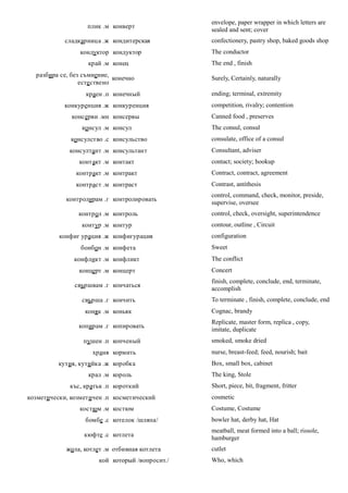 envelope, paper wrapper in which letters are
                   плик .м конверт
                                                 sealed and sent; cover
            сладкарница .ж кондитерская          confectionery, pastry shop, baked goods shop
                 кондуктор кондуктор             The conductor
                   край .м конец                 The end , finish
  разбира се, без съмнение,
                            конечно              Surely, Certainly, naturally
                 естествено
                  краен .п конечный              ending; terminal, extremity
           конкуренция .ж конкуренция            competition, rivalry; contention
              консерви .мн консервы              Canned food , preserves
                 консул .м консул                The consul, consul
              консулство .с консульство          consulate, office of a consul
             консултант .м консультант           Consultant, adviser
                контакт .м контакт               contact; society; hookup
               контракт .м контракт              Contract, contract, agreement
               контраст .м контраст              Contrast, antithesis
                                                 control, command, check, monitor, preside,
            контролирам .г контролировать
                                                 supervise, oversee
                контрол .м контроль              control, check, oversight, superintendence
                 контур .м контур                contour, outline , Circuit
          конфиг урация .ж конфигурация          configuration
                 бонбон .м конфета               Sweet
               конфликт .м конфликт              The conflict
                концерт .м концерт               Concert
                                                 finish, complete, conclude, end, terminate,
               свършвам .г кончаться
                                                 accomplish
                 свърша .г кончить               To terminate , finish, complete, conclude, end
                  коняк .м коньяк                Cognac, brandy
                                                 Replicate, master form, replica , copy,
                копирам .г копировать
                                                 imitate, duplicate
                  пушен .п копченый              smoked, smoke dried
                     храня кормить               nurse, breast-feed; feed, nourish; bait
          кутия, кутийка .ж коробка              Box, small box, cabinet
                   крал .м король                The king, Stole
             къс, кратък .п короткий             Short, piece, bit, fragment, fritter
козметически, козметичен .п косметический        cosmetic
                костюм .м костюм                 Costume, Costume
                  бомбе .с котелок /шляпа/       bowler hat, derby hat, Hat
                                                 meatball, meat formed into a ball; rissole,
                  кюфте .с котлета
                                                 hamburger
            жола, котлет .м отбивная котлета     cutlet
                       кой который /вопросит./   Who, which
 