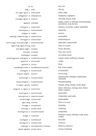 не не                        Isn't, Not
                     небе .с небо                      The sky
          нег олям, малък .п небольшой                 Small, slight
              небре жност .ж небрежность               Negligence, negligence
          годеница, булка .ж невеста                   The bride, fiancee, bride
                                                       despite, inspite of, although, notwithstanding,
                    въпреки невзирая
                                                       nevertheless, none the less;
                безвкусен .п невкусный                 Tasteless, savourless, insipid, unpalatable
              невъзможен .п невозможный                impossible
                  невроза .ж невроз                    neurosis
   невролог, невропатоло г .м невропатолог             neuropathist
                неизгоден .п невыгодный                disadvantageous
неизпълним, неосъществим .п невыполнимый               impossible; impracticable
     няма къде , няма отк ъде негде                    There is no place
           неотдавна, скоро   недавно                  Newly, Recently
                   недалече недалеко                   Near, near, not far
                 ненапразно недаром                    not without reason
недействи телен, невали ден .п недействительный        Lapsed, unreal, inofficious, fantastic
                седмичен .п недельный                  weekly
                 седмица .ж неделя                     Week
        недоброкач ествен .п недоброкачественный       bad, of poor quality
                недоволен .п недоаольный               Is dissatisfied
            недълго, кратко   недолго                  Not for long
                                                       impermissible, forbidden; inadmissible;
              недопустим .п недопустимый
                                                       intolerable
           недор азумение .с недоразумение             Misunderstanding
           не скъпо, евтино недорого                   Cheaply, cheap, cheaply, on the cheap.
                                                       defect, deficiency; shortage, lack; failure;
       недо стиг .м, липса .ж недостаток
                                                       foible, weakness
              недостъпен .п недоступный                inaccessible
              нежелателен .п нежелательный             Undesirable, inadvisable
               незабележим незаметный                  Imperceptible
                  няма защо незачем                    There is no need
                  нездрав .п нездоровый                Unhealthy
                 непознат .п незнак омый               Unfamiliar
             незначителен .п незначительный            unimportant
                                                       Immature, unripe, underripe, crude, green,
                   незрял .п незрелый
                                                       verdant
               неизбежен .п неизбежный                 Inevitable
               неизве стен .п неизвестный              Unknown
                 повреден .п неисправный /о технике/   Defective, defective
              някой, някойси некий, некто              Certain, Somebody
 