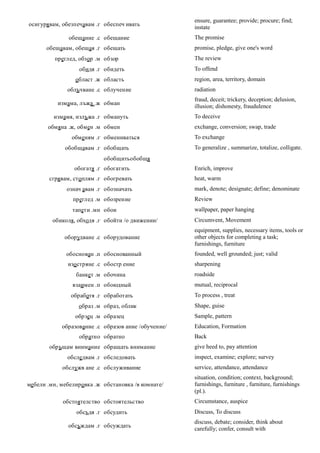 ensure, guarantee; provide; procure; find;
осигурявам, обезпечавам .г обеспеч ивать
                                                     instate
              обещание .с обещание                   The promise
      обещавам, обещая .г обещать                    promise, pledge, give one's word
         преглед, обзор .м обзор                     The review
                  обидя .г обидеть                   To offend
                 област .ж область                   region, area, territory, domain
              облъчване .с облучение                 radiation
                                                     fraud, deceit; trickery, deception; delusion,
           измама, лъжа .ж обман
                                                     illusion; dishonesty, fraudulence
         измамя, излъжа .г обмануть                  To deceive
       обмяна .ж, обмен .м обмен                     exchange, conversion; swap, trade
                обменям .г обмениваться              To exchange
             обобщавам .г обобщать                   To generalize , summarize, totalize, colligate.
                           обобщитьобобщя
                 обогатя .г обогатить                Enrich, improve
       сгрявам, стоплям .г обогревать                heat, warm
              означ авам .г обозначать               mark, denote; designate; define; denominate
                преглед .м обозрение                 Review
                тапети .мн обои                      wallpaper, paper hanging
         обиколя, обходя .г обойти /о движении/      Circumvent, Movement
                                                     equipment, supplies, necessary items, tools or
             оборудване .с оборудование              other objects for completing a task;
                                                     furnishings, furniture
              обоснован .п обоснованный              founded, well grounded; just; valid
              изо стряне .с обостр ение              sharpening
                 банкет .м обочина                   roadside
                взаимен .п обоюдный                  mutual, reciprocal
               обработя .г обработать                To process , treat
                  образ .м образ, облик              Shape, guise
                 обрзец .м образец                   Sample, pattern
            образование .с образов ание /обучение/   Education, Formation
                  обратно обратно                    Back
        обръщам внимание обращать внимание           give heed to, pay attention
              обследвам .г обследовать               inspect, examine; explore; survey
            обслужв ане .с обслуживание              service, attendance, attendance
                                                     situation, condition; context, background;
мебели .мн, мебелировка .ж обстановка /в комнате/    furnishings, furniture , furniture, furnishings
                                                     (pl.).
            обстоятелство обстоятельство             Circumstance, auspice
                 обсъдя .г обсудить                  Discuss, To discuss
                                                     discuss, debate; consider, think about
              обсъждам .г обсуждать
                                                     carefully; confer, consult with
 