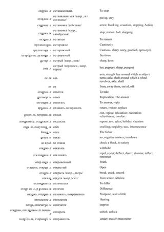 спирам .г останавливать                To stop
                              остнавливаться /напр., в г
                   отсядам .г остинице/                    put up, stay

                   спиране .с остановка /действие/         arrest, blocking, cessation, stopping, Action
                              остановка /напр.,
                    спирка .ж автобусная/                  stop; station; halt, stopping

                    остана .г остаться                     To remain
                 предпазливо осторожно                     Cautiously
               предпазлив .п осторожный                    Cautious, chary, wary, guarded, open-eyed
       остроумен, духовит .п остроумный                    facetious
                     о стър .п острый /напр., нож/         sharp, keen
                              острый /переносн., напр.
                       лют .п перец/                       hot, peppery, sharp, pungent

                                                           axis, straight line around which an object
                        ос .ж ось                          turns; axle, shaft around which a wheel
                                                           revolves, axle, shaft
                           от от                           from, away from, out of, off
                   откарам .г отвезти                      To take
                   отговор .м ответ                        Replication, The answer
                  отговоря .г ответить                     To answer, reply
                   връщам .г отдавать, возвращать          return, restore, replace
                                                           rest, repose, relaxation; recreation;
         отдих .м, почивка .ж отдых
                                                           refreshment; comfort
      почивам се, отдъхвам .г отдыхать                     repose, rest, relax; holiday, vacation
         оток .м, подутина .ж отёк                         swelling; turgidity; мед. intumescence
                     баща .м отец                          The father
                     отказ .м отказ                        no, negative answer; turndown
                      до край до отказа                    chock a block, to satiety
                    отка жа .г отказать                    withhold
                                                           repel, reject; deflect, divert; dismiss; inflect;
               отклонявам .г отклонять
                                                           renounce
                 откр овен .п откровенный                  Frank
           отворен, открит .п открытый                     Open
                    отворя .г открыть /напр., дверь/       break, crack, uncork
                      откъде откуда /вопр осит./           from where, whence
                отличавам се отличаться                    To differ
       отлич ие .с, р азлика .ж отличие                    Difference
           отложа, отсроча .г отложить, повременить        Postpone, wait a little
                 отопле ние .с отопление                   Heating
          печат, отпечатък .м отпечаток                    imprint
отварям, отк лючвам /к лючом/
                              отпирать                     unbolt, unlock
                           .г
      подател .м, изпращач .м отправитель                  sender, mailer; transmitter
 