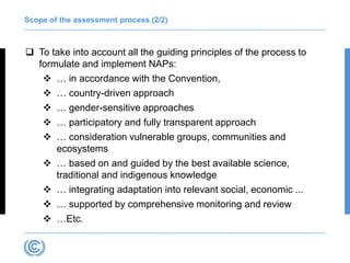 Scope of the assessment process (2/2)
 To take into account all the guiding principles of the process to
formulate and implement NAPs:
❖ … in accordance with the Convention,
❖ … country-driven approach
❖ … gender-sensitive approaches
❖ … participatory and fully transparent approach
❖ … consideration vulnerable groups, communities and
ecosystems
❖ … based on and guided by the best available science,
traditional and indigenous knowledge
❖ … integrating adaptation into relevant social, economic ...
❖ … supported by comprehensive monitoring and review
❖ …Etc.
 