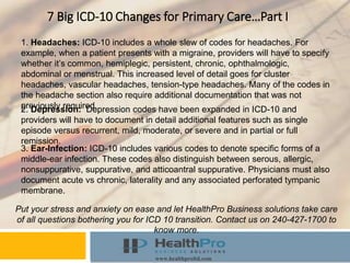 Instructor
Course
www.healthproltd.com
7 Big ICD-10 Changes for Primary Care…Part I
1. Headaches: ICD-10 includes a whole slew of codes for headaches. For
example, when a patient presents with a migraine, providers will have to specify
whether it’s common, hemiplegic, persistent, chronic, ophthalmologic,
abdominal or menstrual. This increased level of detail goes for cluster
headaches, vascular headaches, tension-type headaches. Many of the codes in
the headache section also require additional documentation that was not
previously required.
Put your stress and anxiety on ease and let HealthPro Business solutions take care
of all questions bothering you for ICD 10 transition. Contact us on 240-427-1700 to
know more.
2. Depression: Depression codes have been expanded in ICD-10 and
providers will have to document in detail additional features such as single
episode versus recurrent, mild, moderate, or severe and in partial or full
remission.
3. Ear-Infection: ICD-10 includes various codes to denote specific forms of a
middle-ear infection. These codes also distinguish between serous, allergic,
nonsuppurative, suppurative, and atticoantral suppurative. Physicians must also
document acute vs chronic, laterality and any associated perforated tympanic
membrane.
 