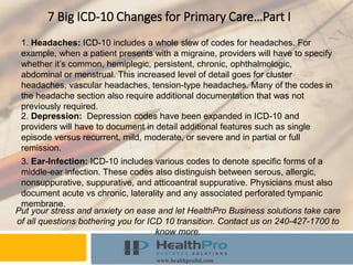 Instructor
Course
www.healthproltd.com
7 Big ICD-10 Changes for Primary Care…Part I
1. Headaches: ICD-10 includes a whole slew of codes for headaches. For
example, when a patient presents with a migraine, providers will have to specify
whether it’s common, hemiplegic, persistent, chronic, ophthalmologic,
abdominal or menstrual. This increased level of detail goes for cluster
headaches, vascular headaches, tension-type headaches. Many of the codes in
the headache section also require additional documentation that was not
previously required.
Put your stress and anxiety on ease and let HealthPro Business solutions take care
of all questions bothering you for ICD 10 transition. Contact us on 240-427-1700 to
know more.
2. Depression: Depression codes have been expanded in ICD-10 and
providers will have to document in detail additional features such as single
episode versus recurrent, mild, moderate, or severe and in partial or full
remission.
3. Ear-Infection: ICD-10 includes various codes to denote specific forms of a
middle-ear infection. These codes also distinguish between serous, allergic,
nonsuppurative, suppurative, and atticoantral suppurative. Physicians must also
document acute vs chronic, laterality and any associated perforated tympanic
membrane.
 