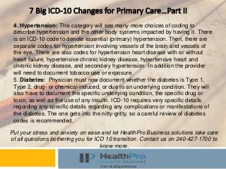 Instructor
Course
www.healthproltd.com
7 Big ICD-10 Changes for Primary Care…Part II
4. Hypertension: This category will see many more choices of coding to
describe hypertension and the other body systems impacted by having it. There
is an ICD-10 code to denote essential (primary) hypertension. Then, there are
separate codes for hypertension involving vessels of the brain and vessels of
the eye. There are also codes for hypertension heart disease with or without
heart failure, hypertensive chronic kidney disease, hypertensive heart and
chronic kidney disease, and secondary hypertension. In addition the provider
will need to document tobacco use or exposure.
Put your stress and anxiety on ease and let HealthPro Business solutions take care
of all questions bothering you for ICD 10 transition. Contact us on 240-427-1700 to
know more.
5. Diabetes: Physician must now document whether the diabetes is Type 1,
Type 2, drug- or chemical-induced, or due to an underlying condition. They will
also have to document the specific underlying condition, the specific drug or
toxin, as well as the use of any insulin. ICD-10 requires very specific details
regarding any specific details regarding any complications or manifestations of
the diabetes. The one gets into the nitty-gritty, so a careful review of diabetes
codes is recommended.
 