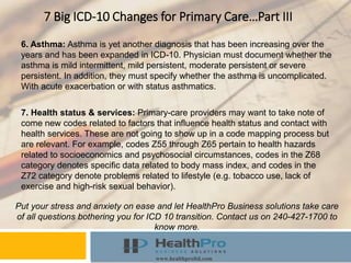 Instructor
Course
www.healthproltd.com
7 Big ICD-10 Changes for Primary Care…Part III
6. Asthma: Asthma is yet another diagnosis that has been increasing over the
years and has been expanded in ICD-10. Physician must document whether the
asthma is mild intermittent, mild persistent, moderate persistent or severe
persistent. In addition, they must specify whether the asthma is uncomplicated.
With acute exacerbation or with status asthmatics.
Put your stress and anxiety on ease and let HealthPro Business solutions take care
of all questions bothering you for ICD 10 transition. Contact us on 240-427-1700 to
know more.
7. Health status & services: Primary-care providers may want to take note of
come new codes related to factors that influence health status and contact with
health services. These are not going to show up in a code mapping process but
are relevant. For example, codes Z55 through Z65 pertain to health hazards
related to socioeconomics and psychosocial circumstances, codes in the Z68
category denotes specific data related to body mass index, and codes in the
Z72 category denote problems related to lifestyle (e.g. tobacco use, lack of
exercise and high-risk sexual behavior).
 